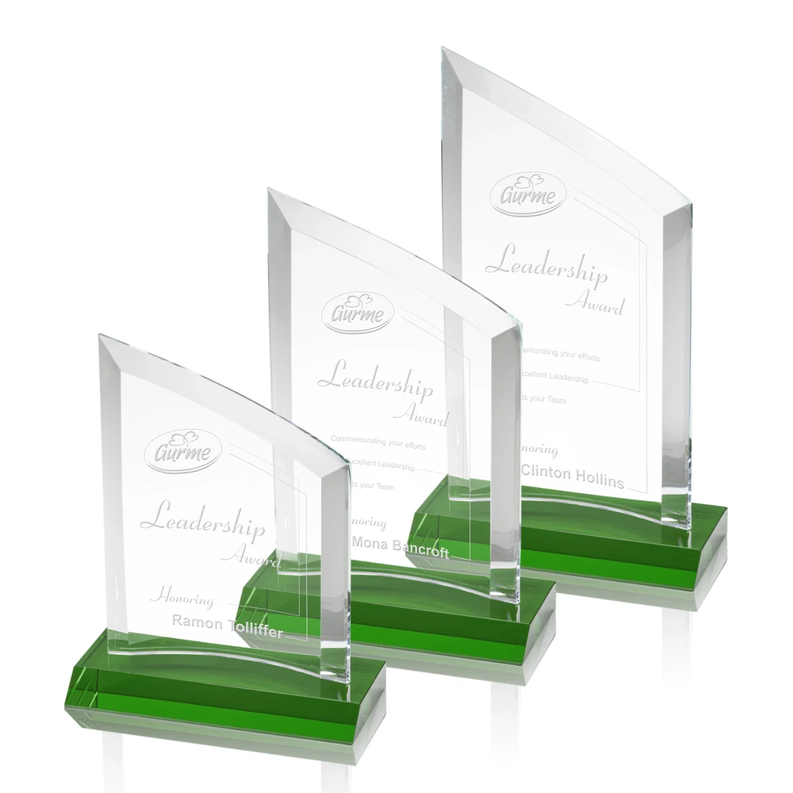 Personalized Slim Starfire Crystal Award with Angled Top on Black Base, awards for employee recognition