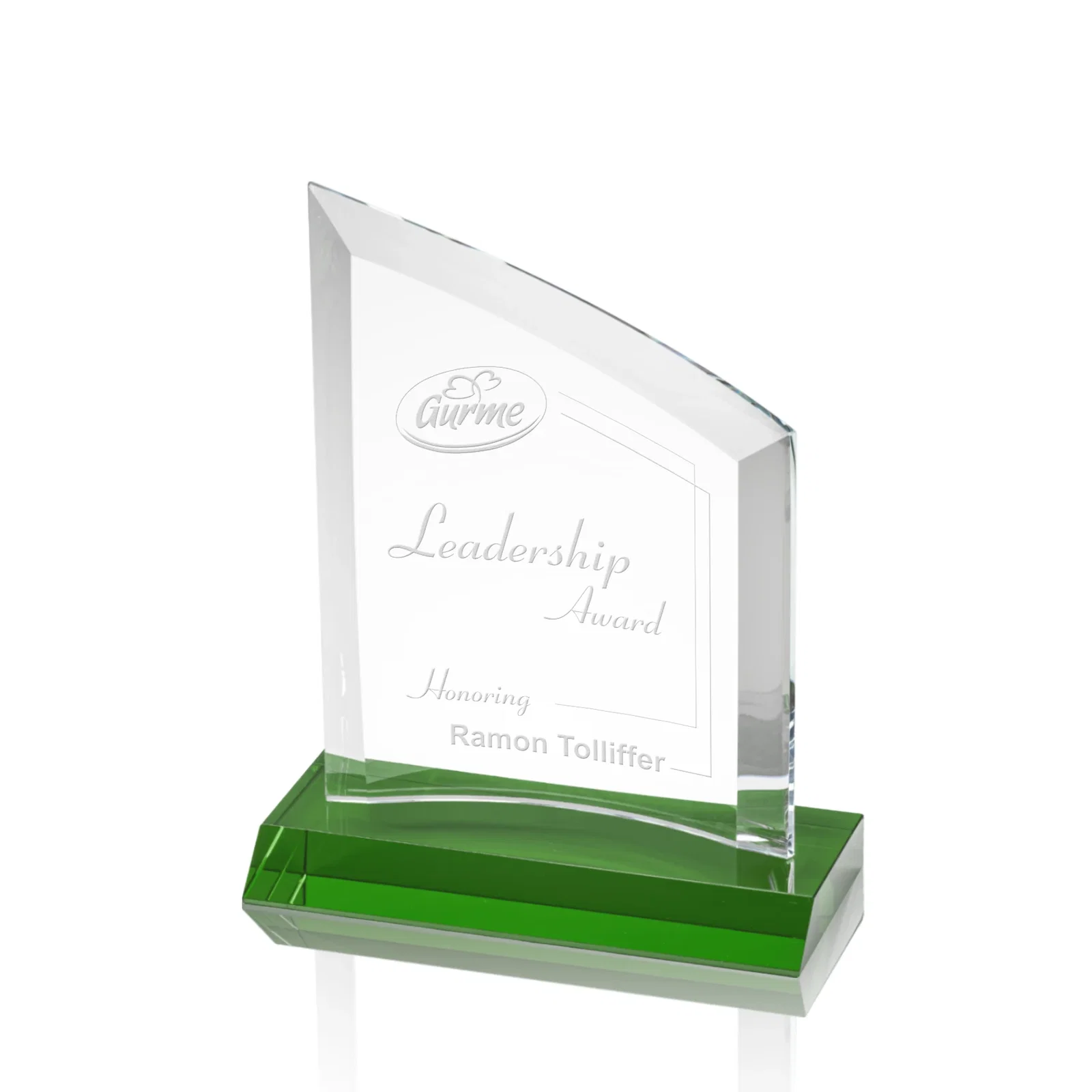 Personalized Slim Starfire Crystal Award with Angled Top on Black Base, awards for corporate award ceremonies
