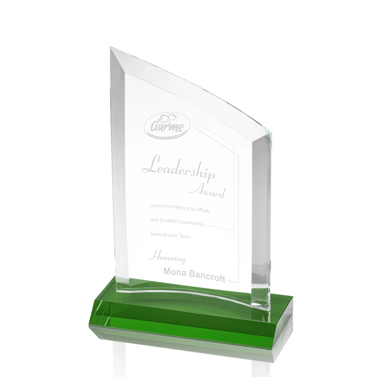 Personalized Slim Starfire Crystal Award with Angled Top on Black Base, awards for service anniversary gifts