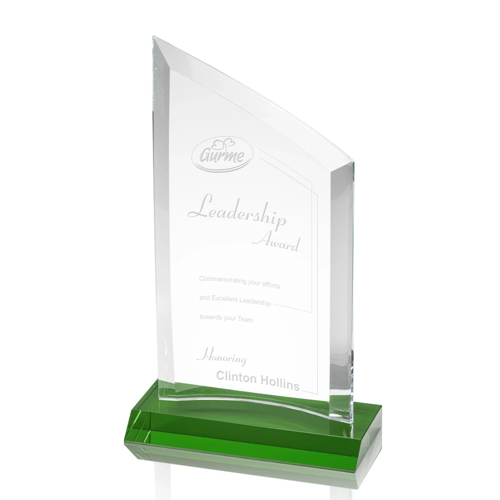 Personalized Slim Starfire Crystal Award with Angled Top on Black Base, awards for sales achievement awards