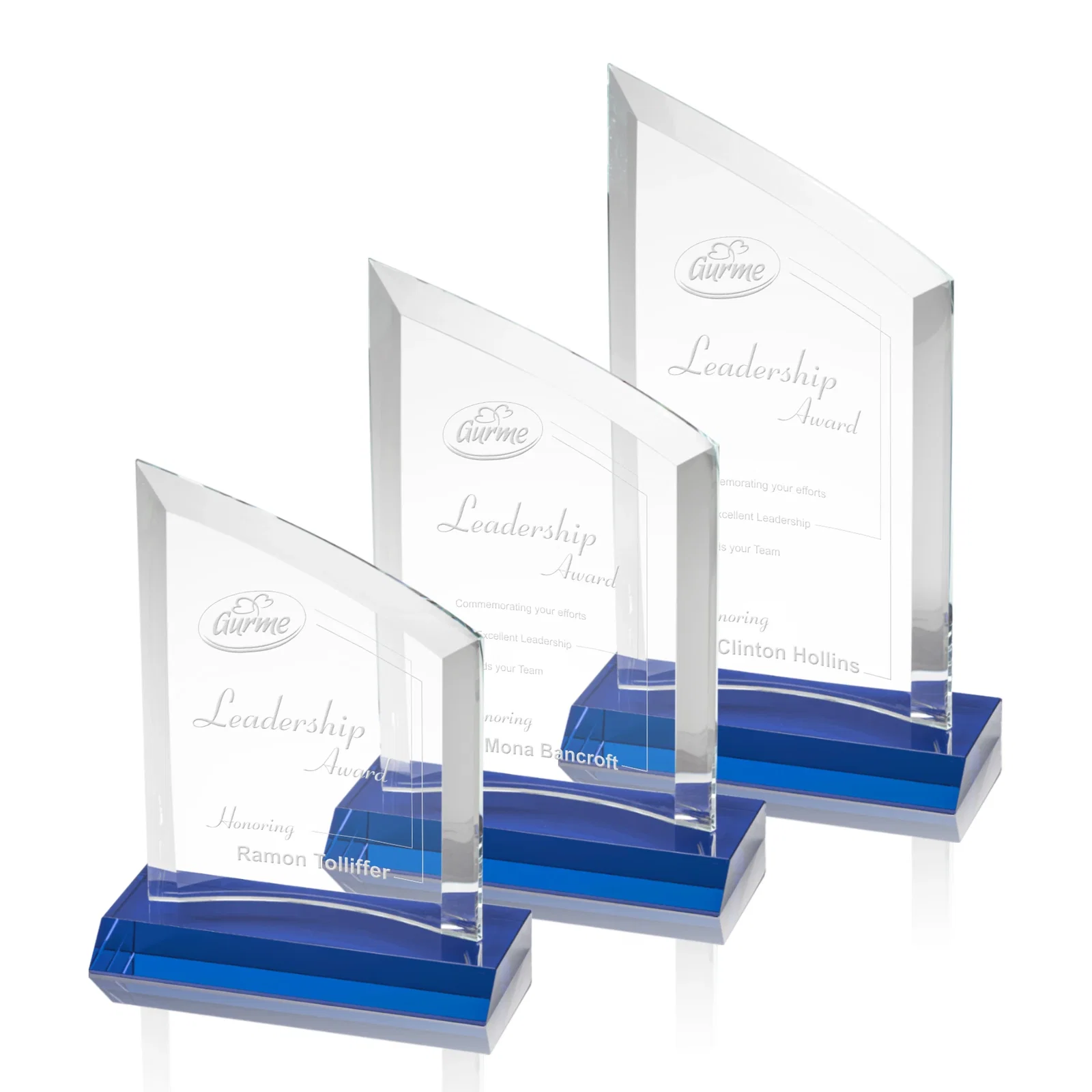 Personalized Slim Starfire Crystal Award with Angled Top on Black Base, awards for retirement presentations