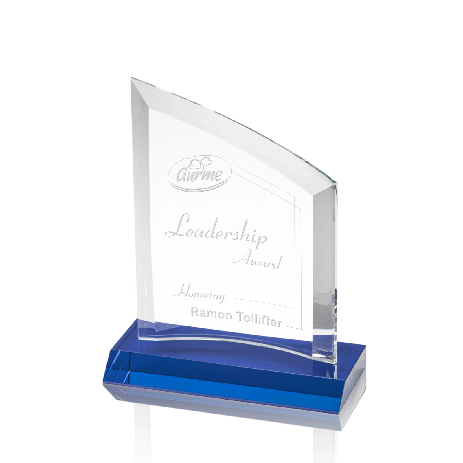 Personalized Slim Starfire Crystal Award with Angled Top on Black Base, awards for team milestone celebrations
