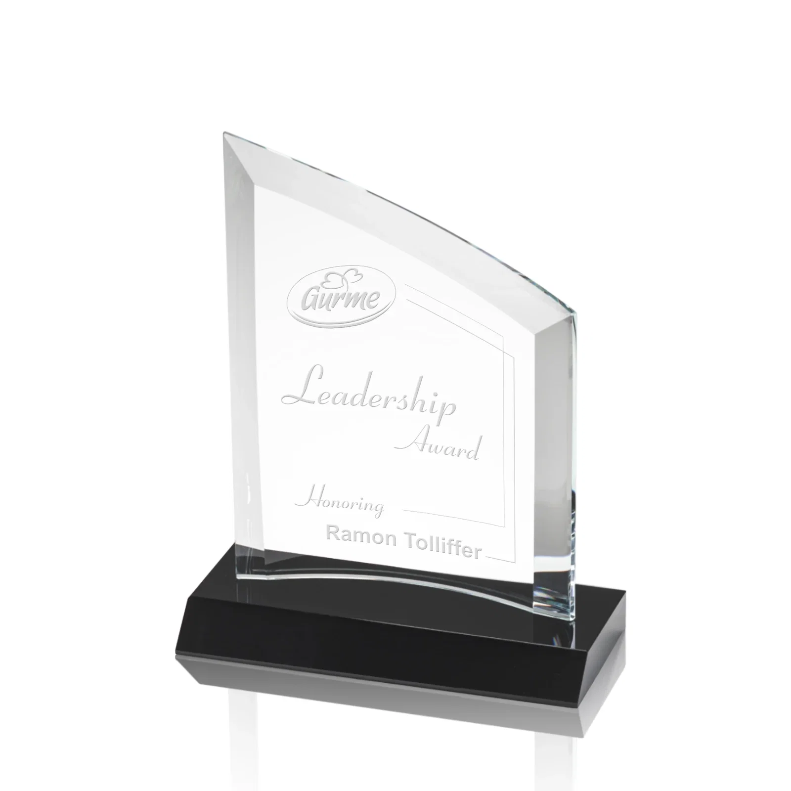 Custom Slim Starfire Crystal Award with Angled Top on Black Base, awards for corporate award ceremonies