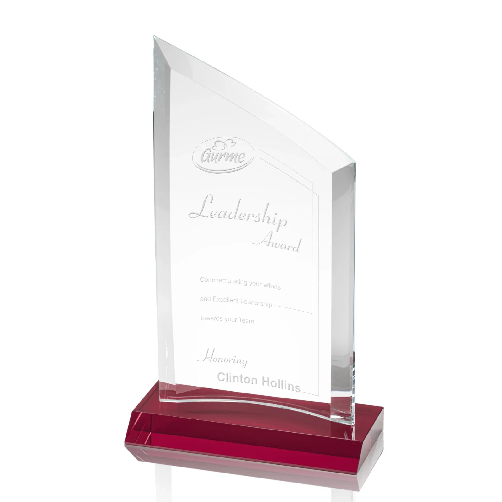 Personalized Slim Starfire Crystal Award with Angled Top on Black Base, awards for company anniversary events