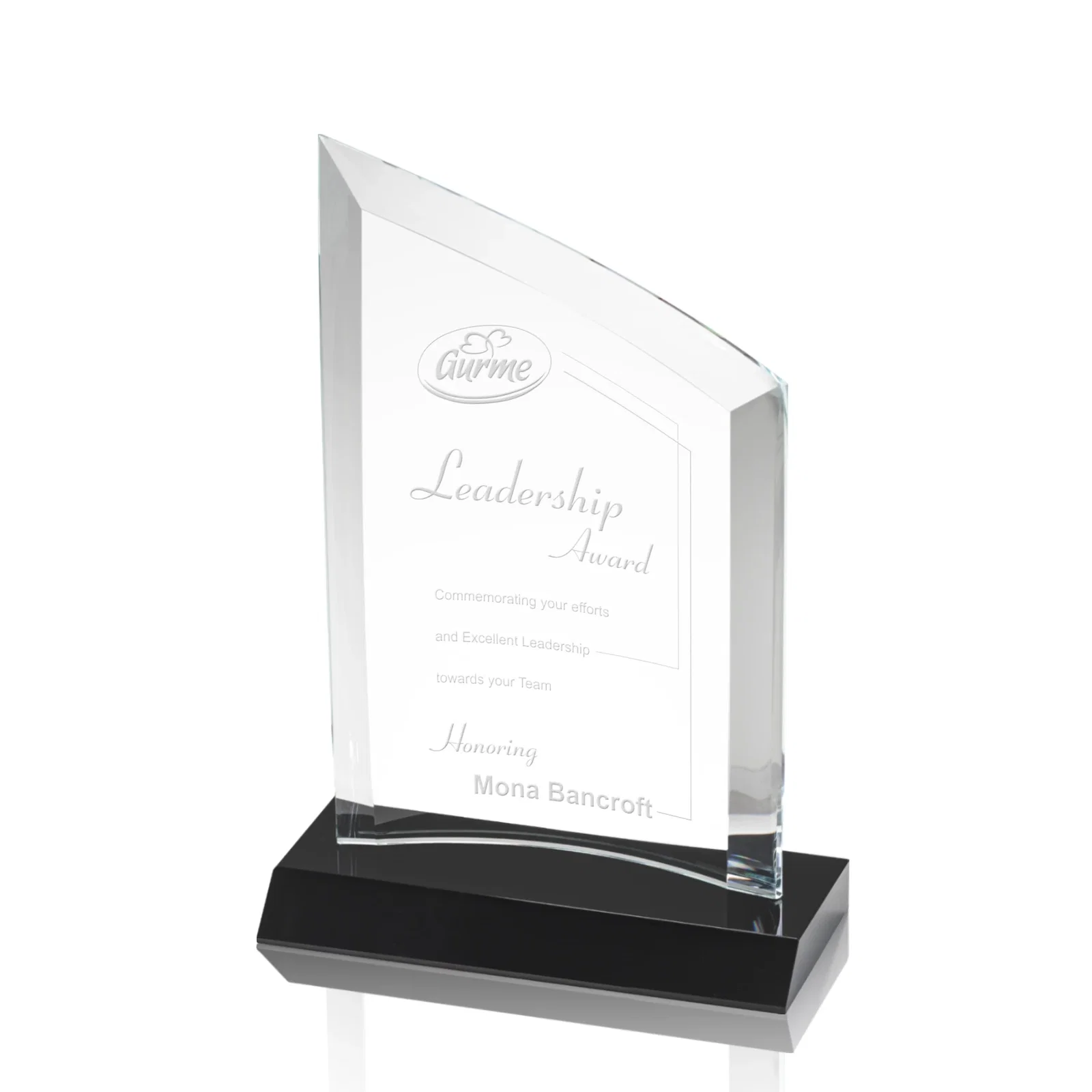Custom Slim Starfire Crystal Award with Angled Top on Black Base, awards for service anniversary gifts