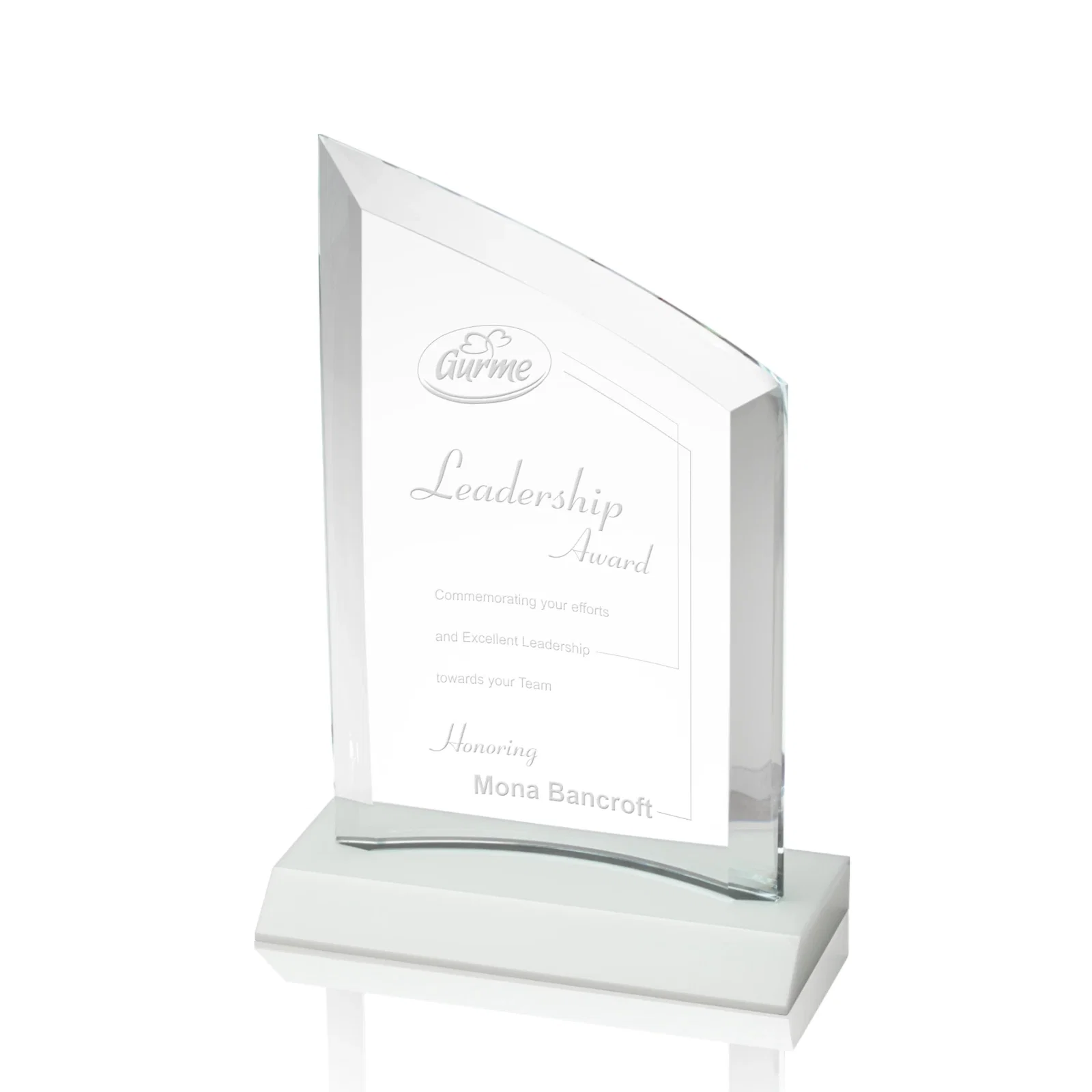 Promotional Slim Starfire Crystal Award with Angled Top on Black Base, awards for donor appreciation