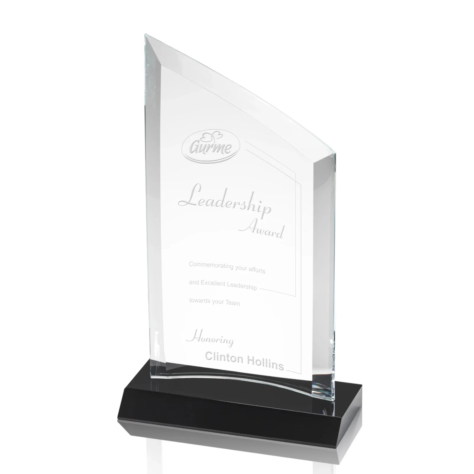 Custom Slim Starfire Crystal Award with Angled Top on Black Base, awards for sales achievement awards