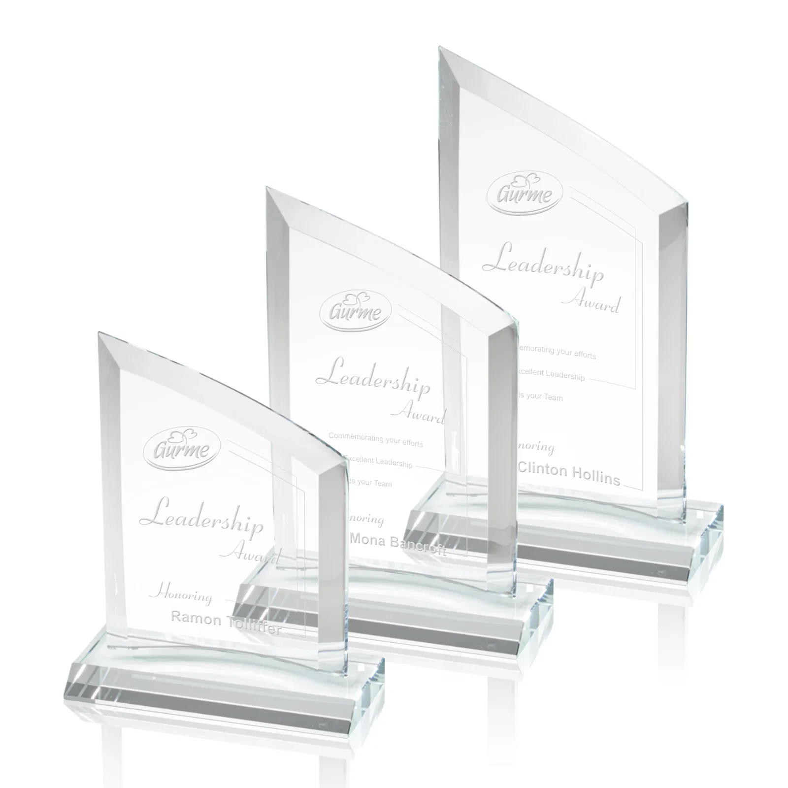 Custom Slim Starfire Crystal Award with Angled Top on Black Base, awards for retirement presentations