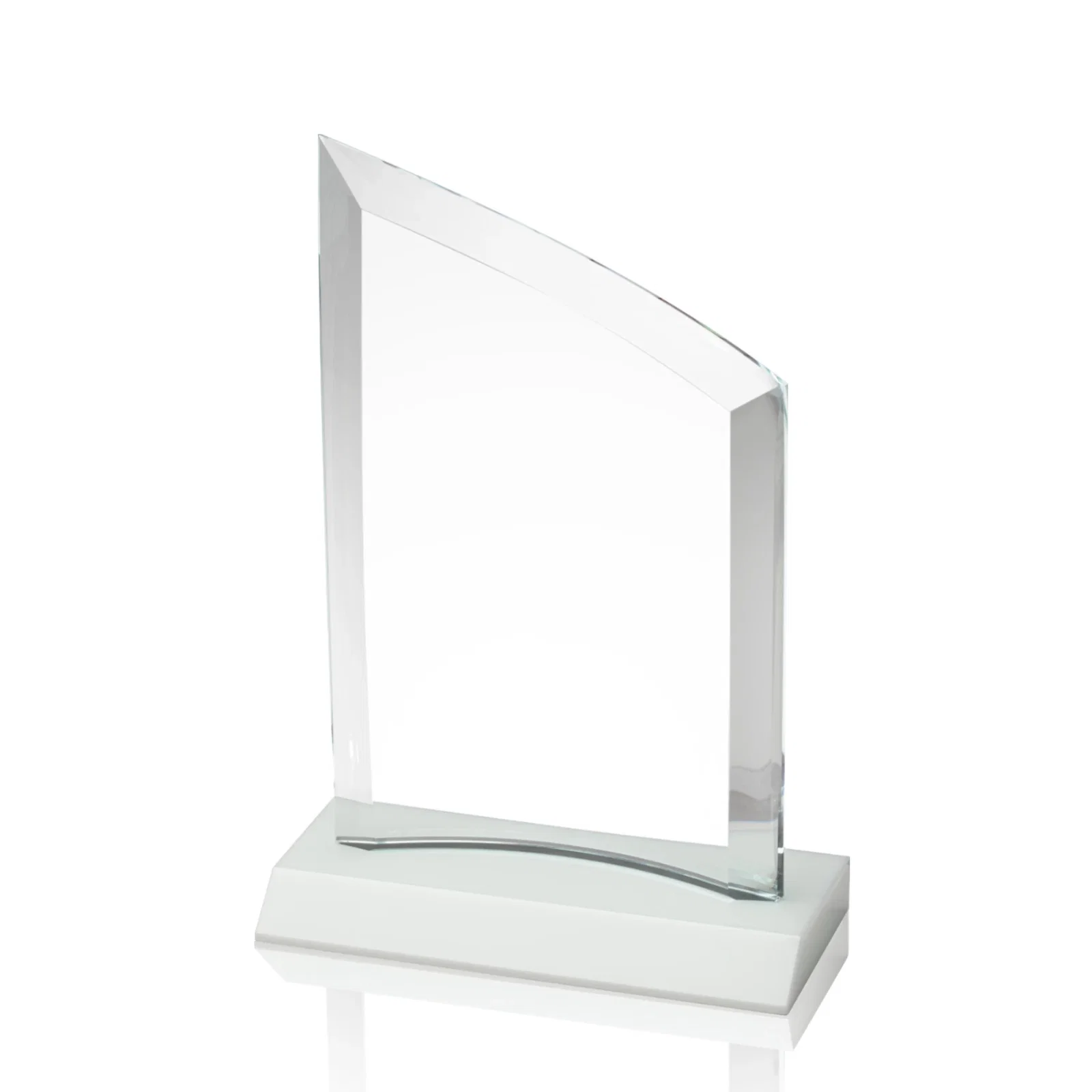 Custom printed Slim Starfire Crystal Award with Angled Top on Black Base, awards for donor appreciation