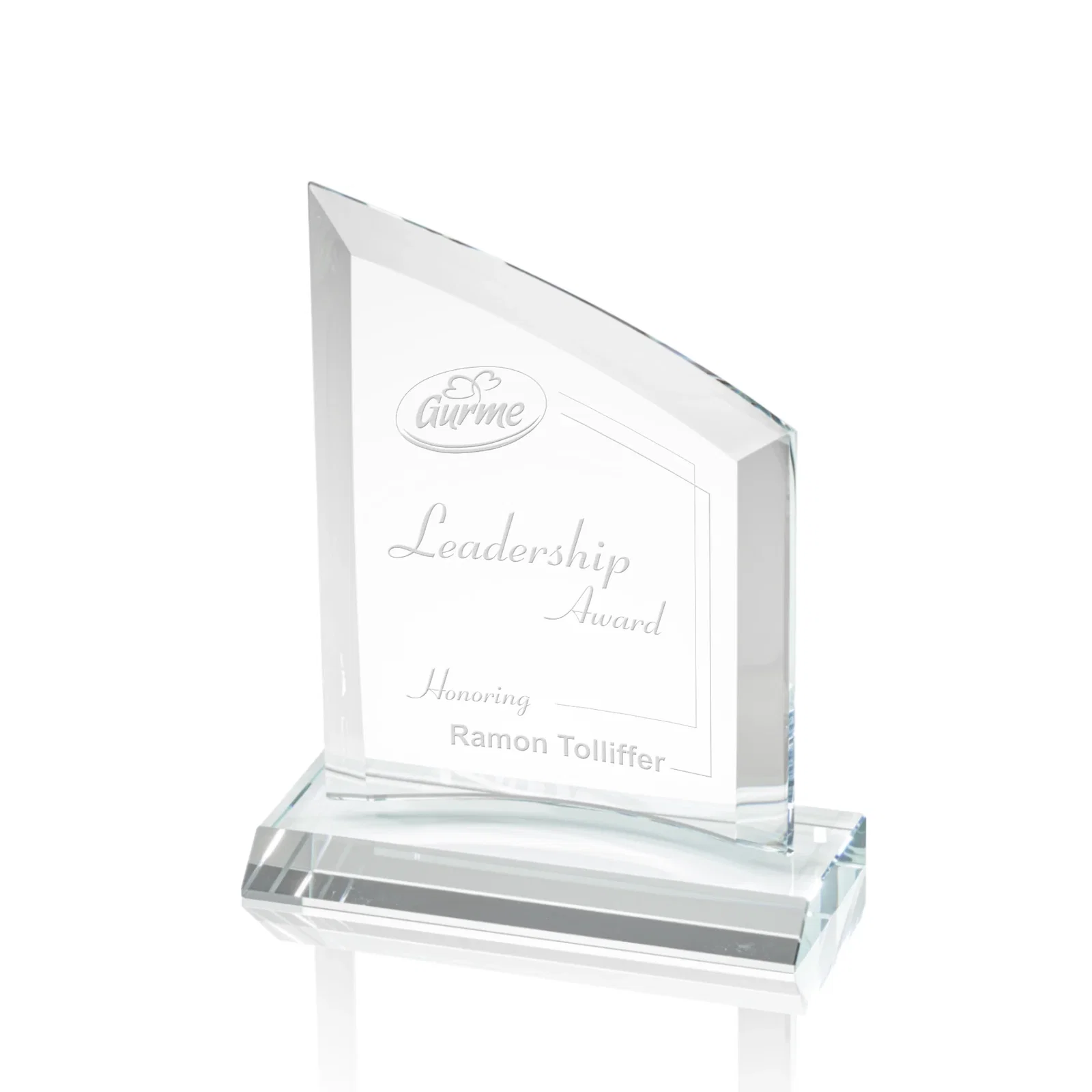 Custom Slim Starfire Crystal Award with Angled Top on Black Base, awards for team milestone celebrations