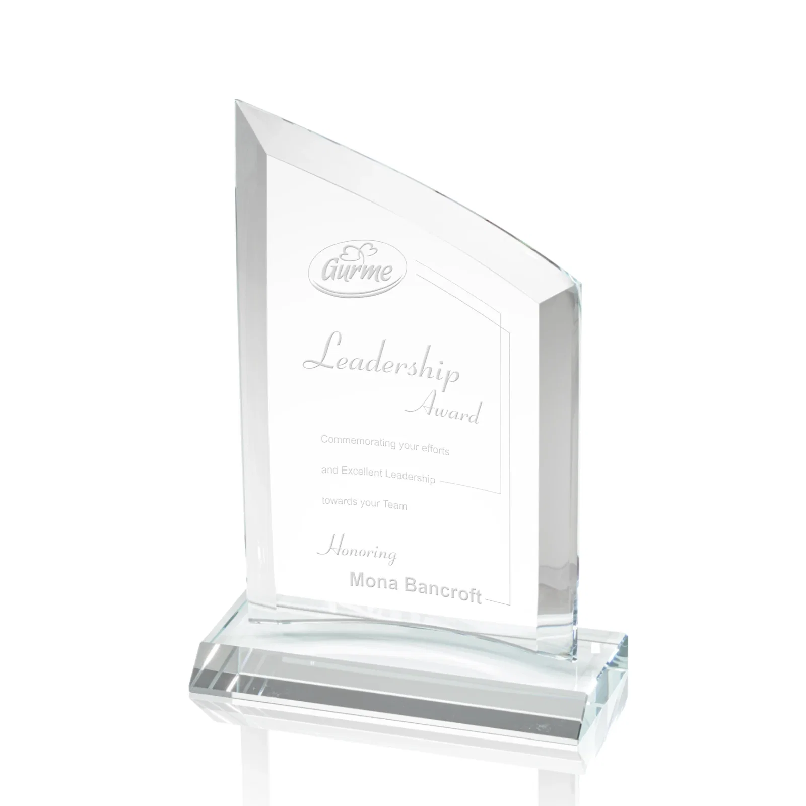 Custom Slim Starfire Crystal Award with Angled Top on Black Base, awards for donor appreciation