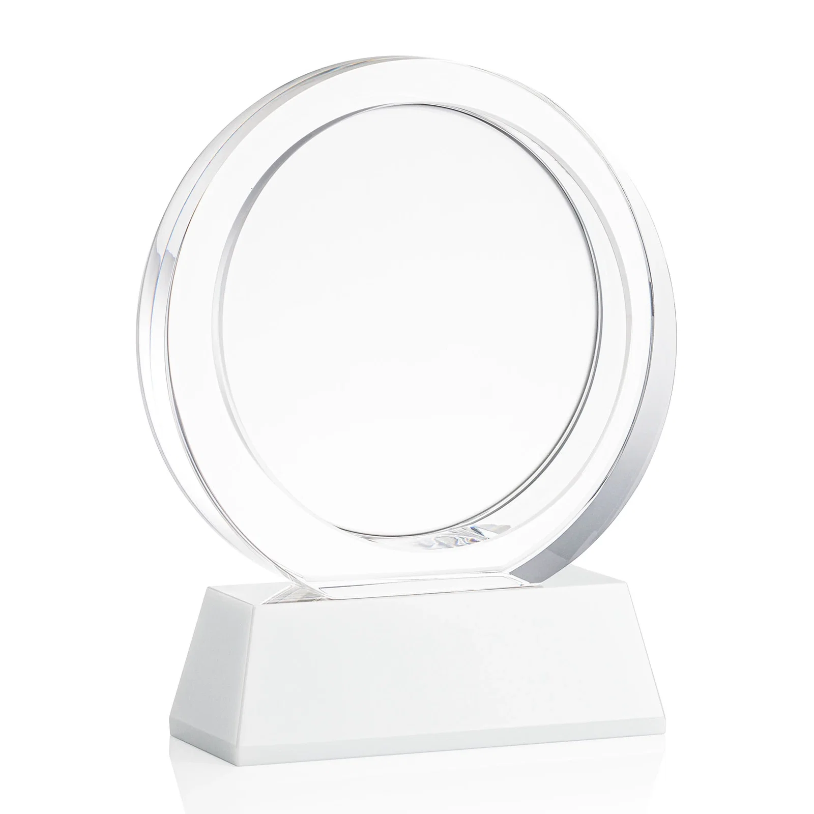 Custom Optical Crystal Circle Award with a Recessed Halo Center, with your logo for retirement presentations