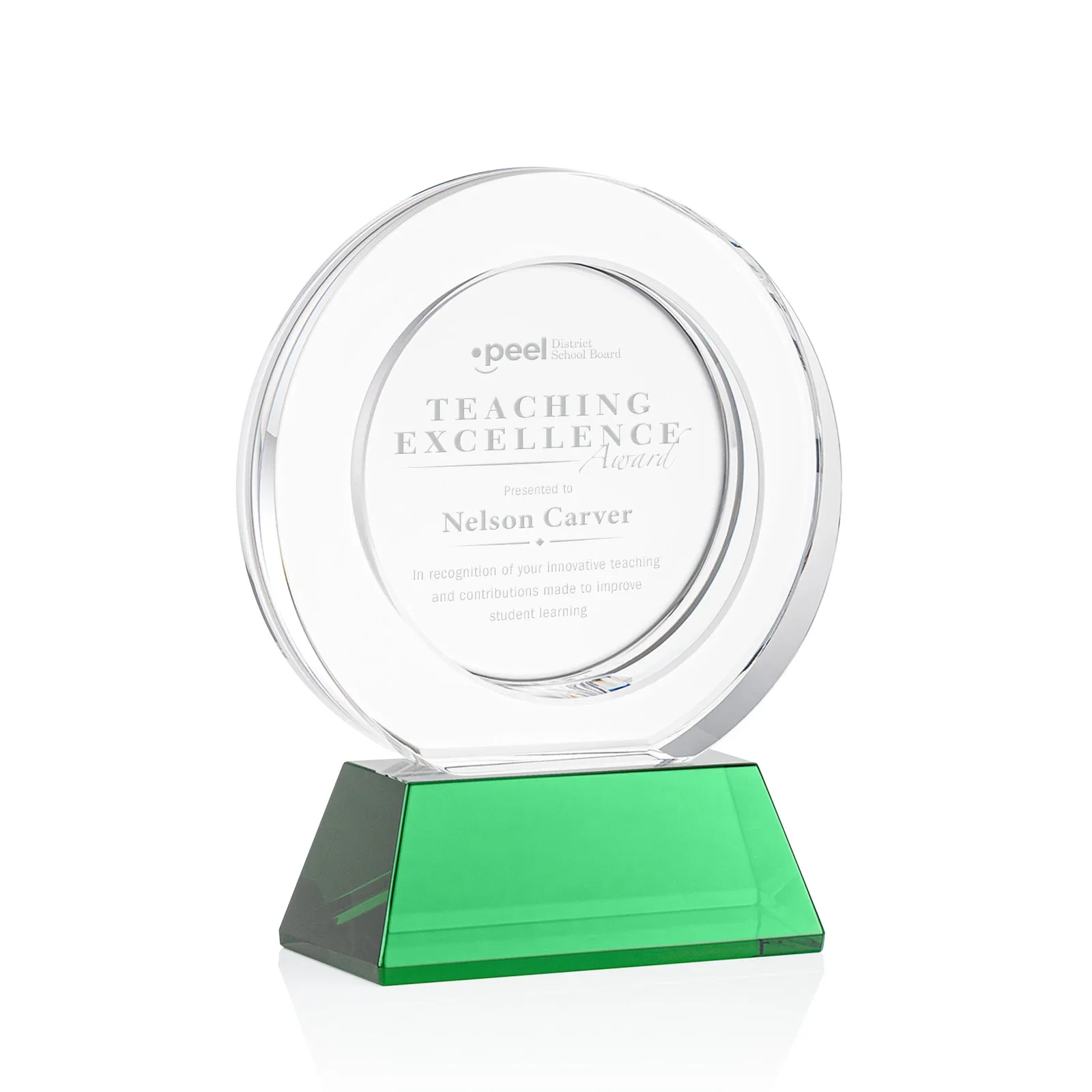 Custom Optical Crystal Circle Award with a Recessed Halo Center for dealer and partner awards