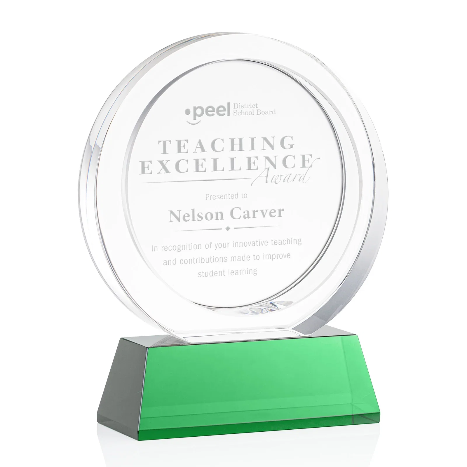 Personalized Optical Crystal Circle Award with a Recessed Halo Center for employee recognition