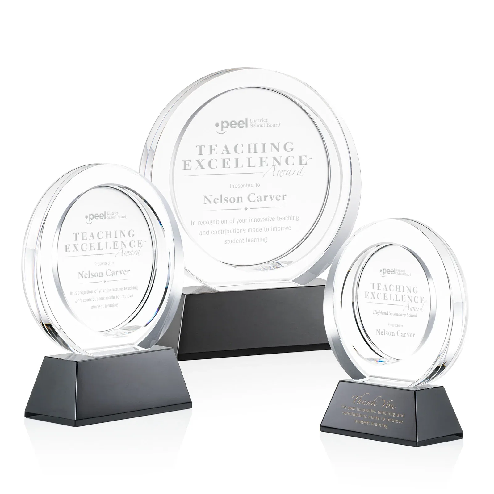 Personalized Optical Crystal Circle Award with a Recessed Halo Center for corporate award ceremonies