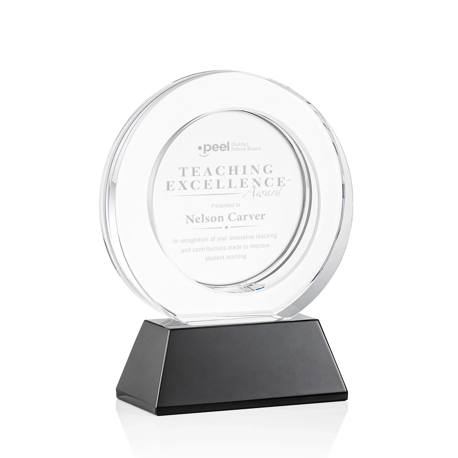 Personalized Optical Crystal Circle Award with a Recessed Halo Center for service anniversary gifts