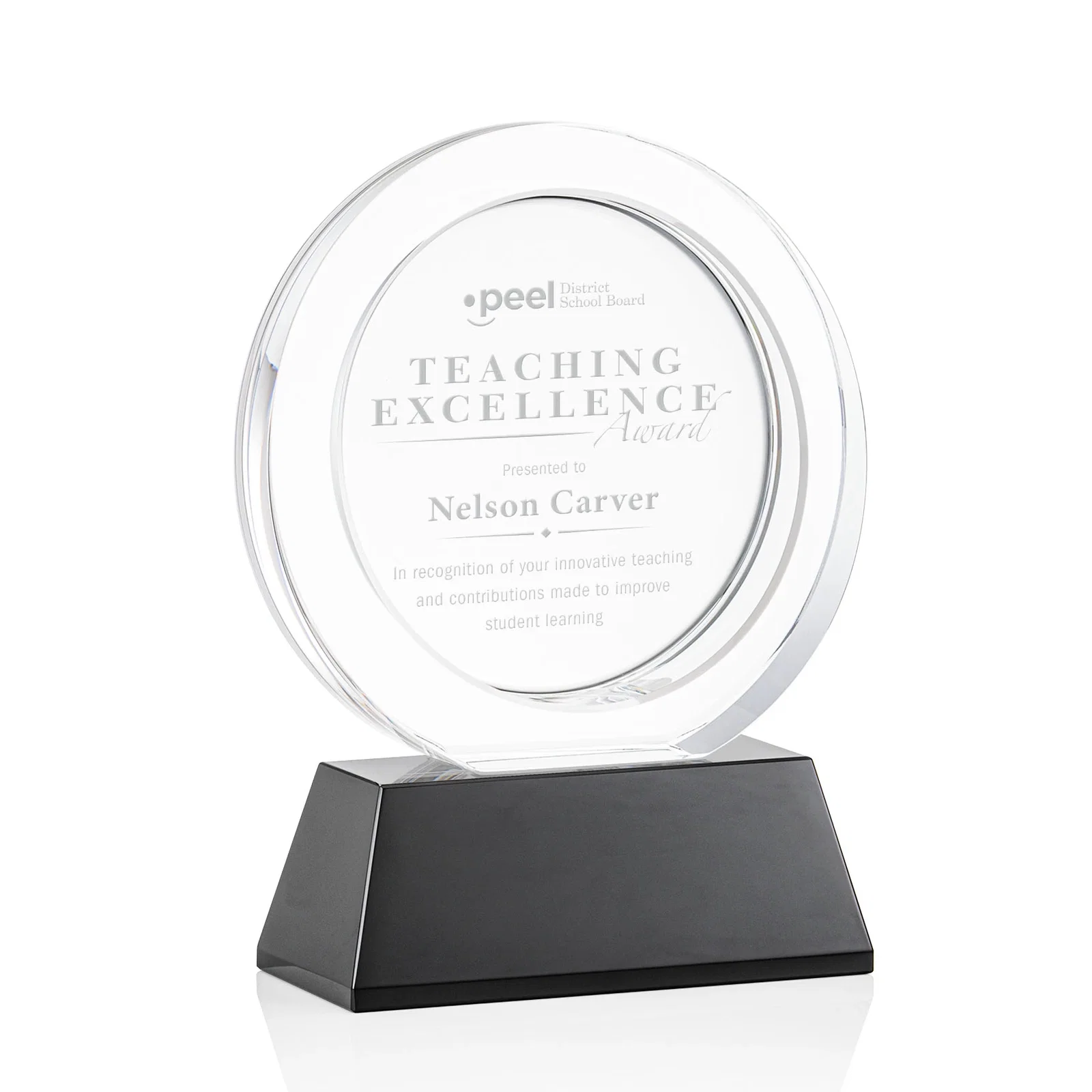 Personalized Optical Crystal Circle Award with a Recessed Halo Center for sales achievement awards