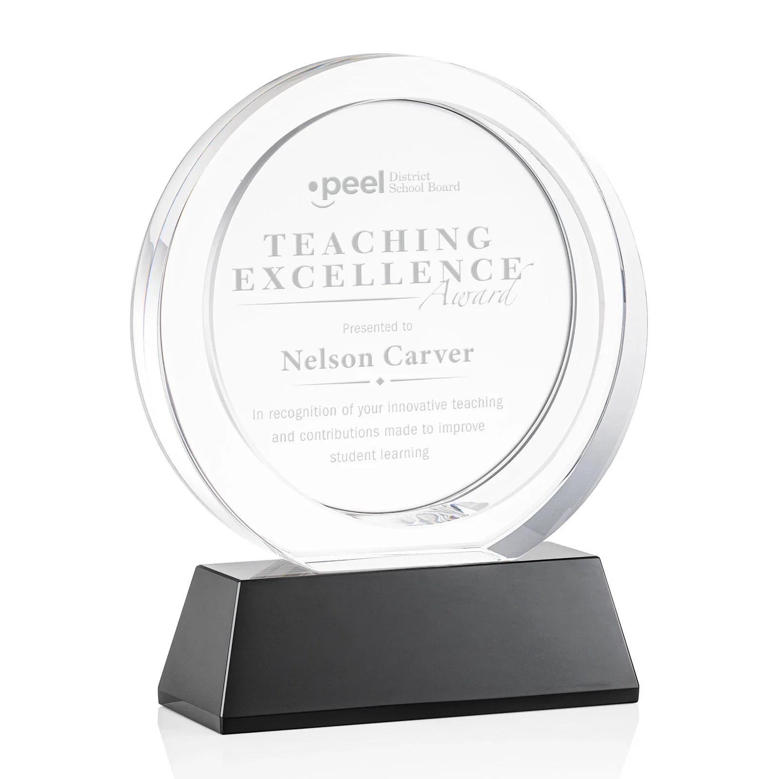 Personalized Optical Crystal Circle Award with a Recessed Halo Center for retirement presentations