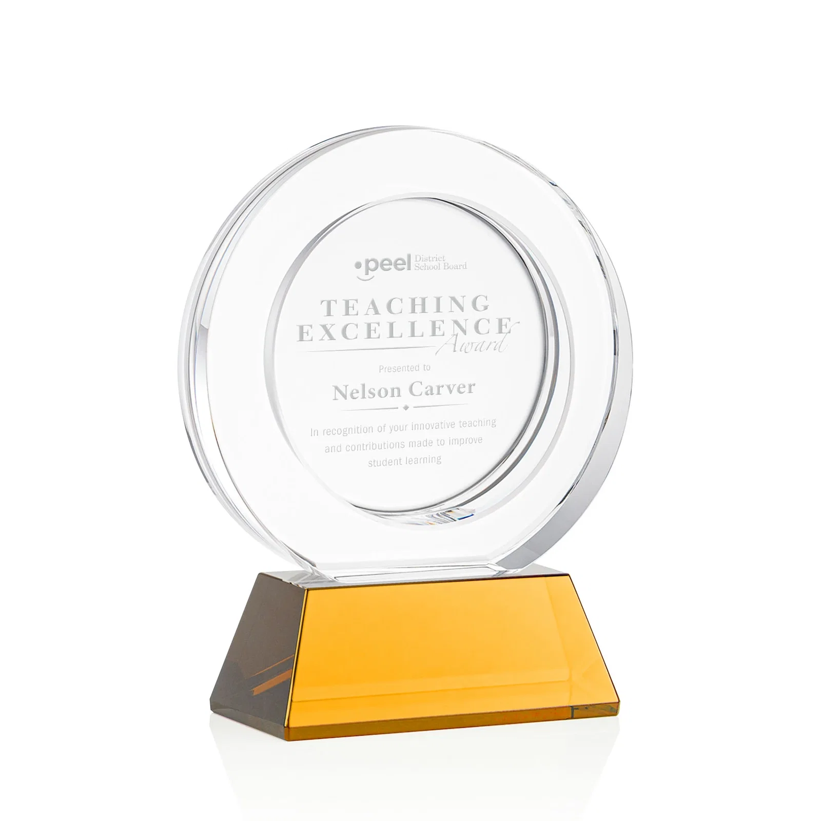 Custom Optical Crystal Circle Award with a Recessed Halo Center for corporate award ceremonies