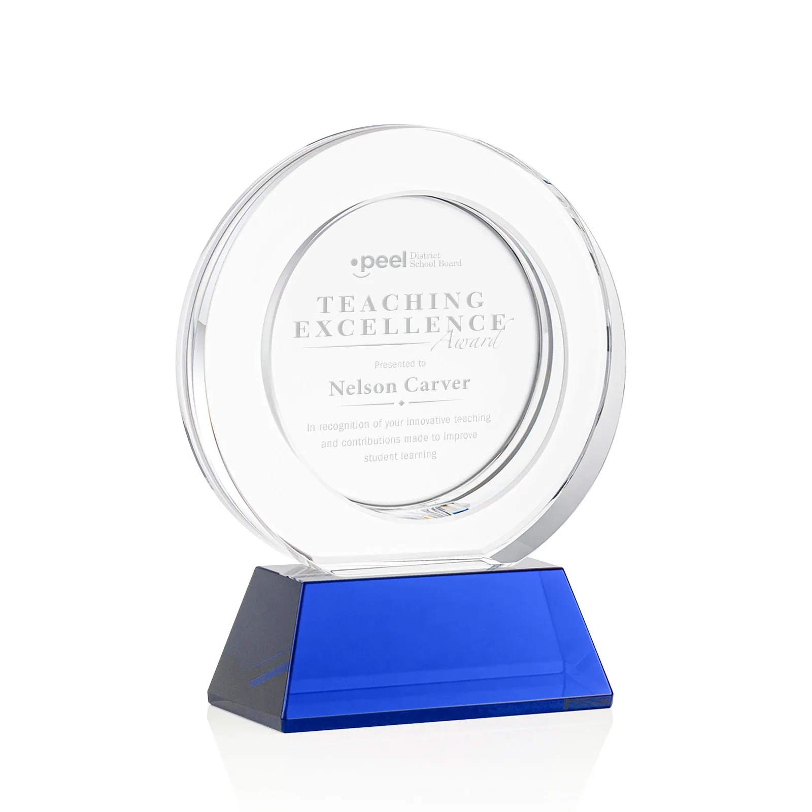 Personalized Optical Crystal Circle Award with a Recessed Halo Center for donor appreciation
