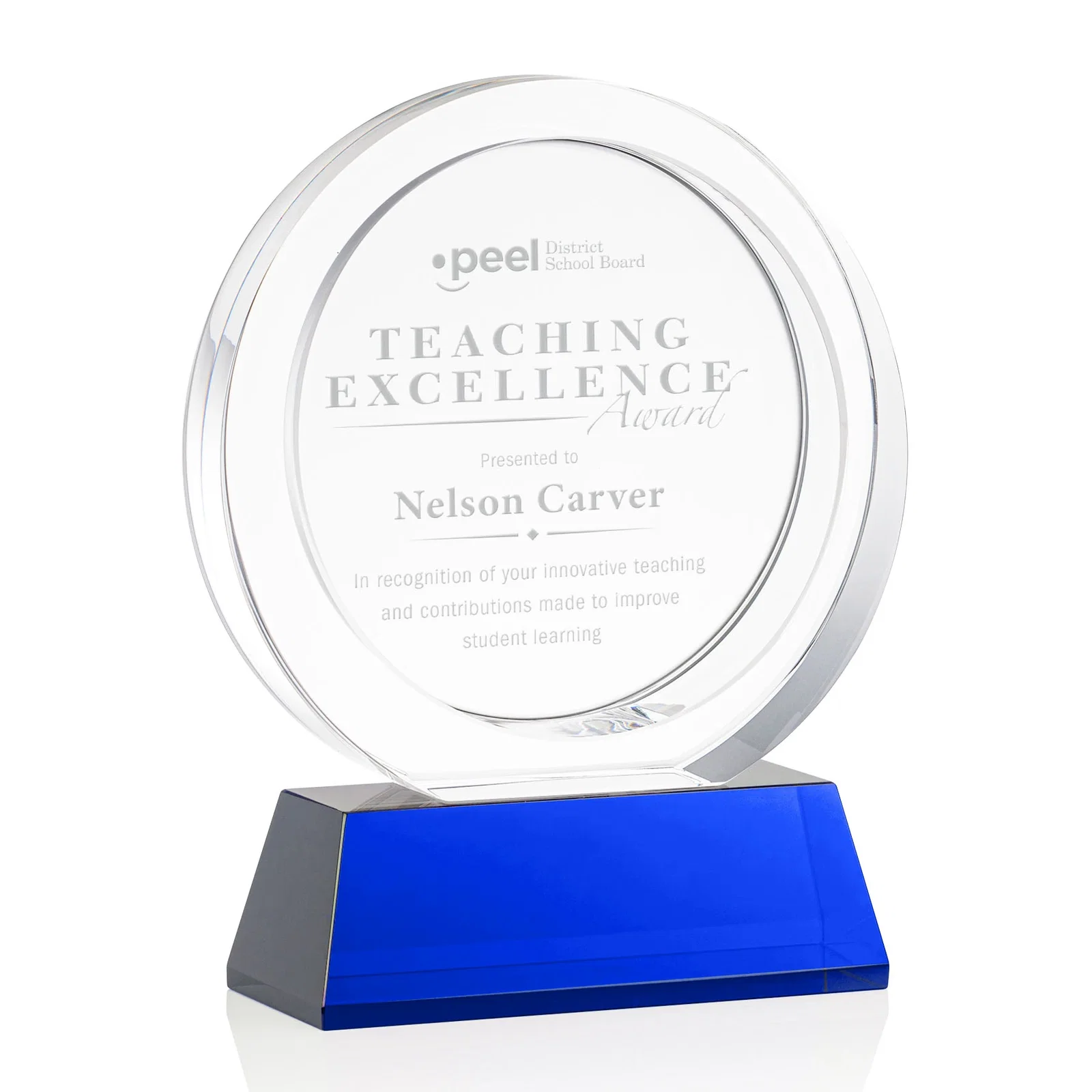 Personalized Optical Crystal Circle Award with a Recessed Halo Center for safety achievement programs
