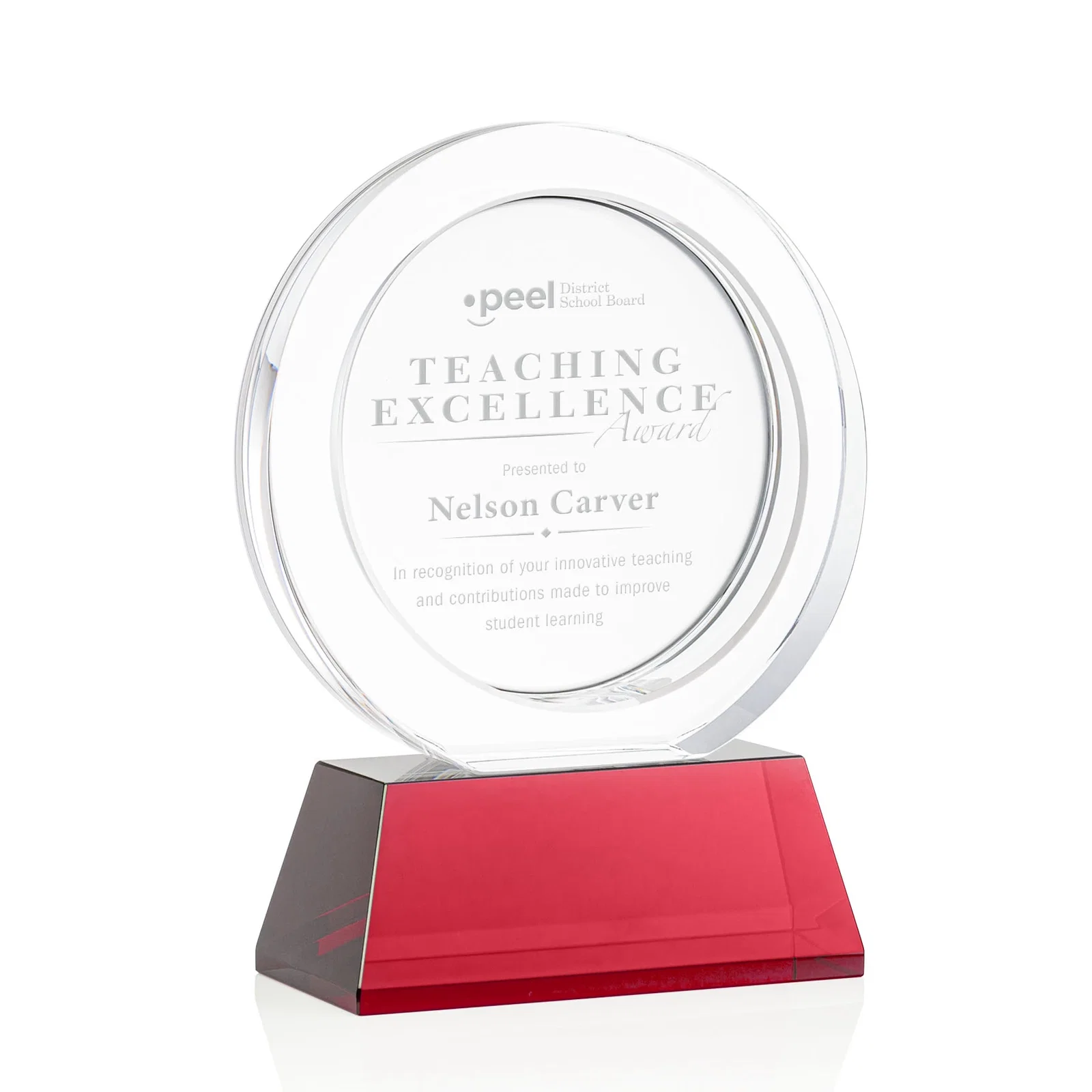Personalized Optical Crystal Circle Award with a Recessed Halo Center for company anniversary events