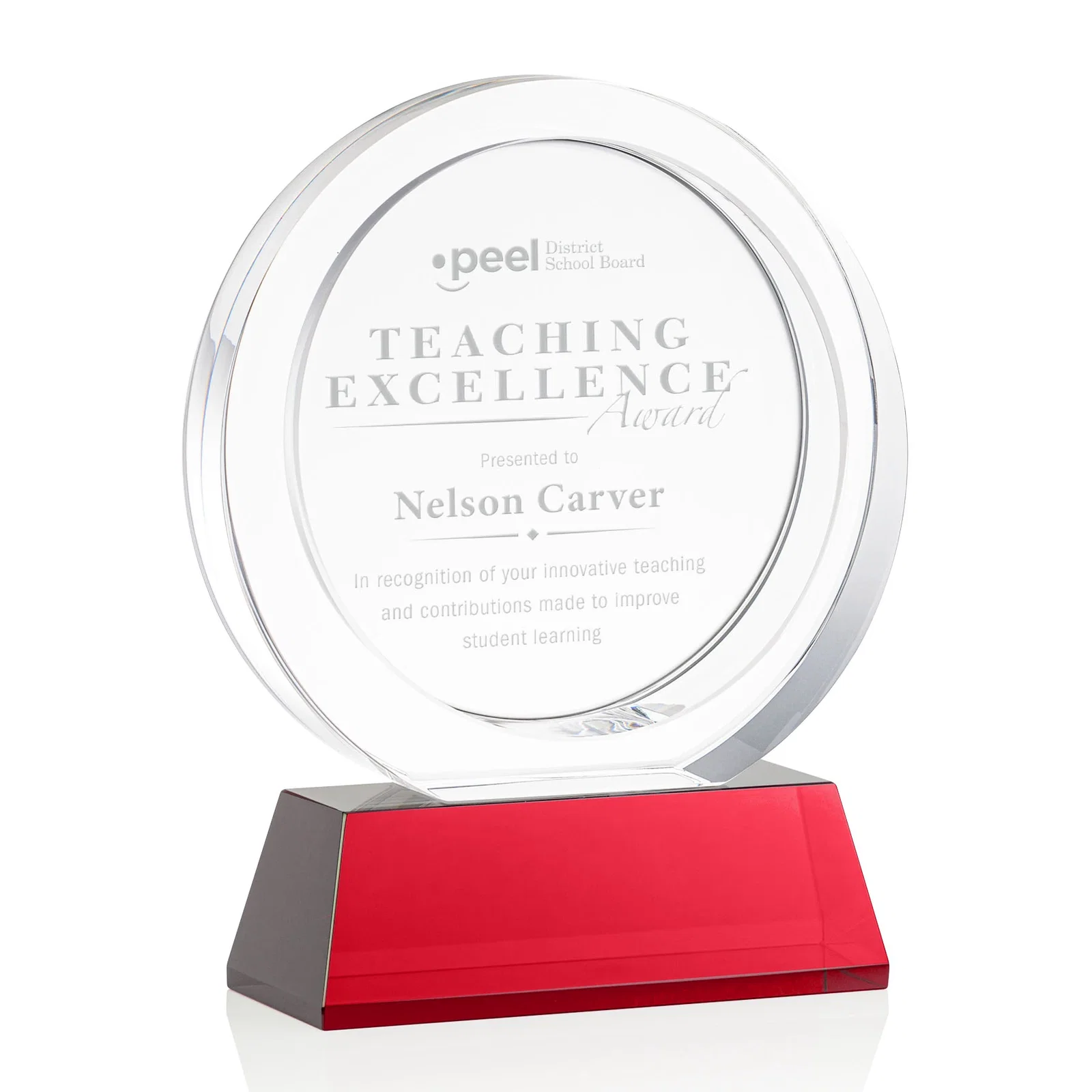 Promotional Optical Crystal Circle Award with a Recessed Halo Center for employee recognition