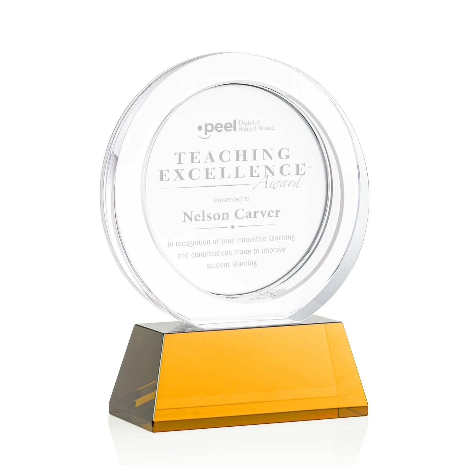 Custom Optical Crystal Circle Award with a Recessed Halo Center for service anniversary gifts