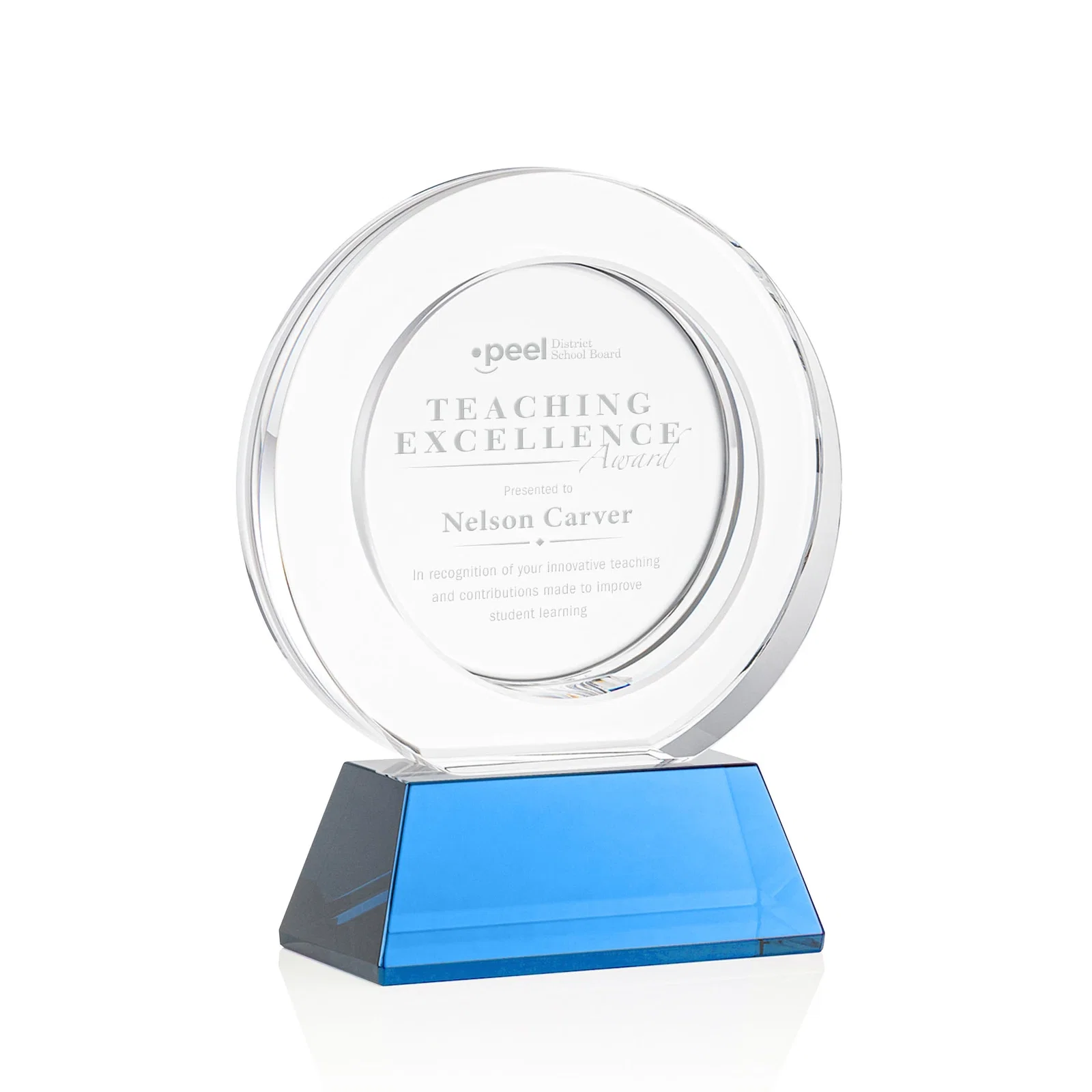 Promotional Optical Crystal Circle Award with a Recessed Halo Center for service anniversary gifts