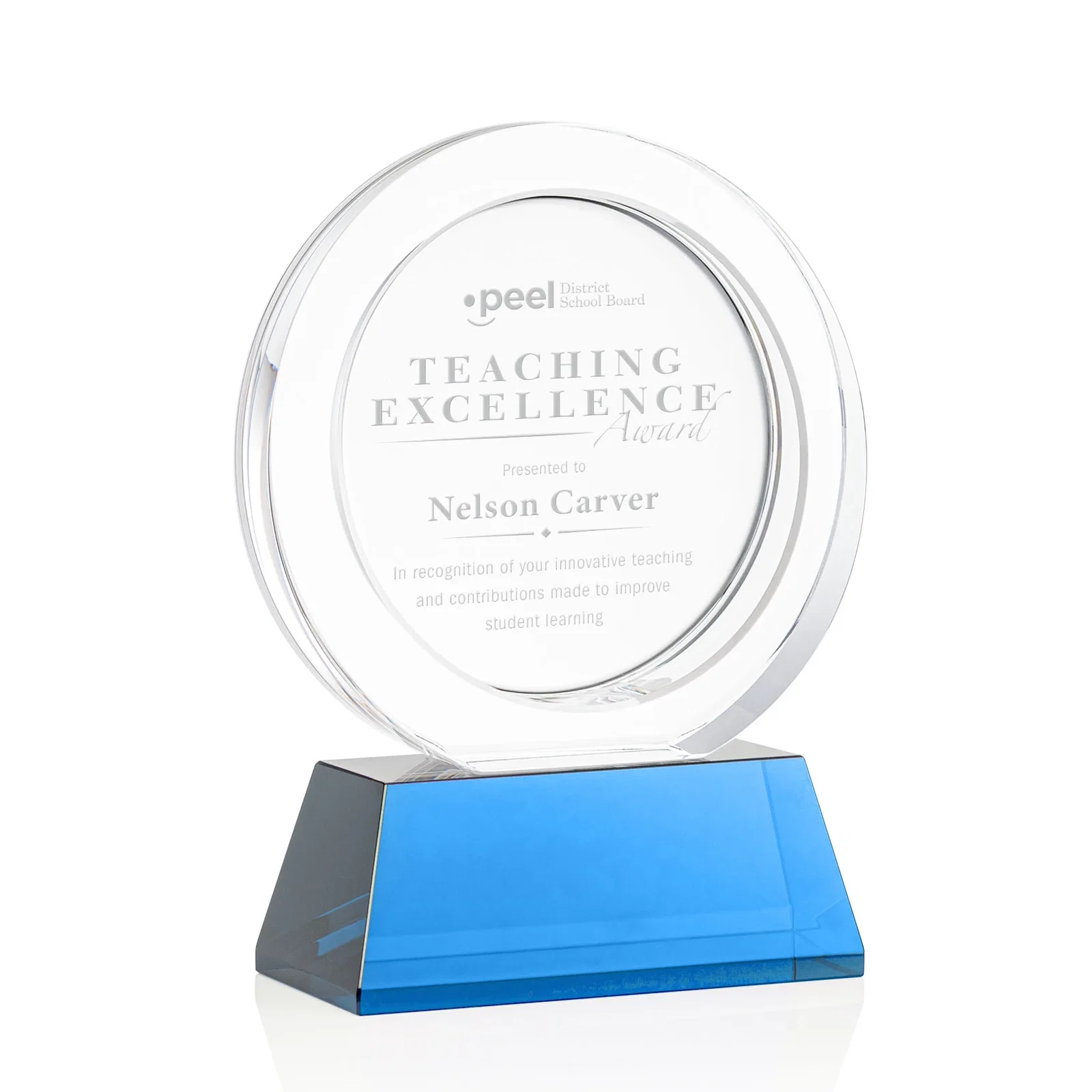 Promotional Optical Crystal Circle Award with a Recessed Halo Center for sales achievement awards