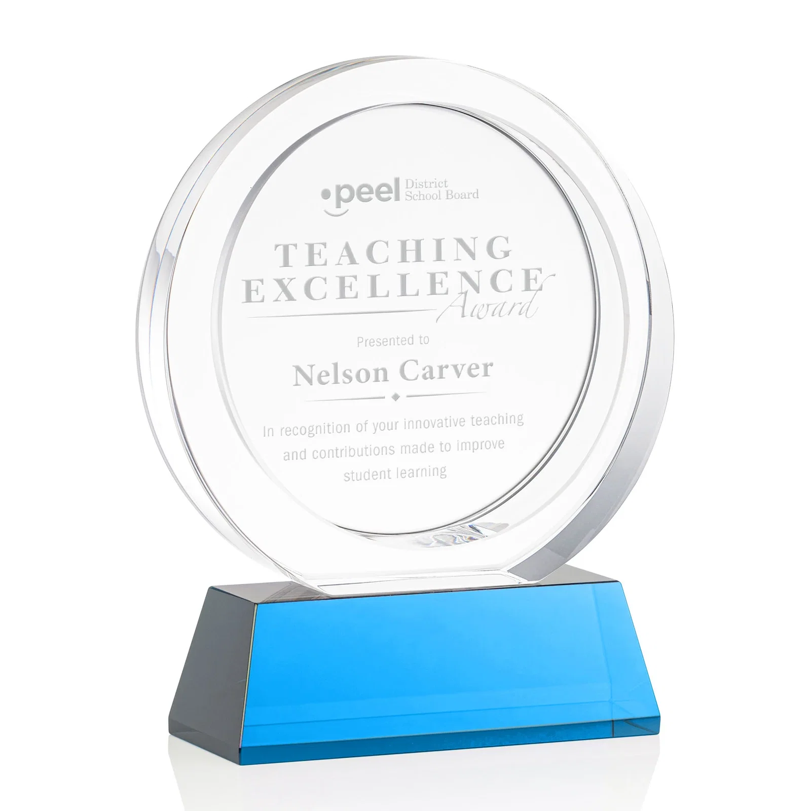 Promotional Optical Crystal Circle Award with a Recessed Halo Center for retirement presentations