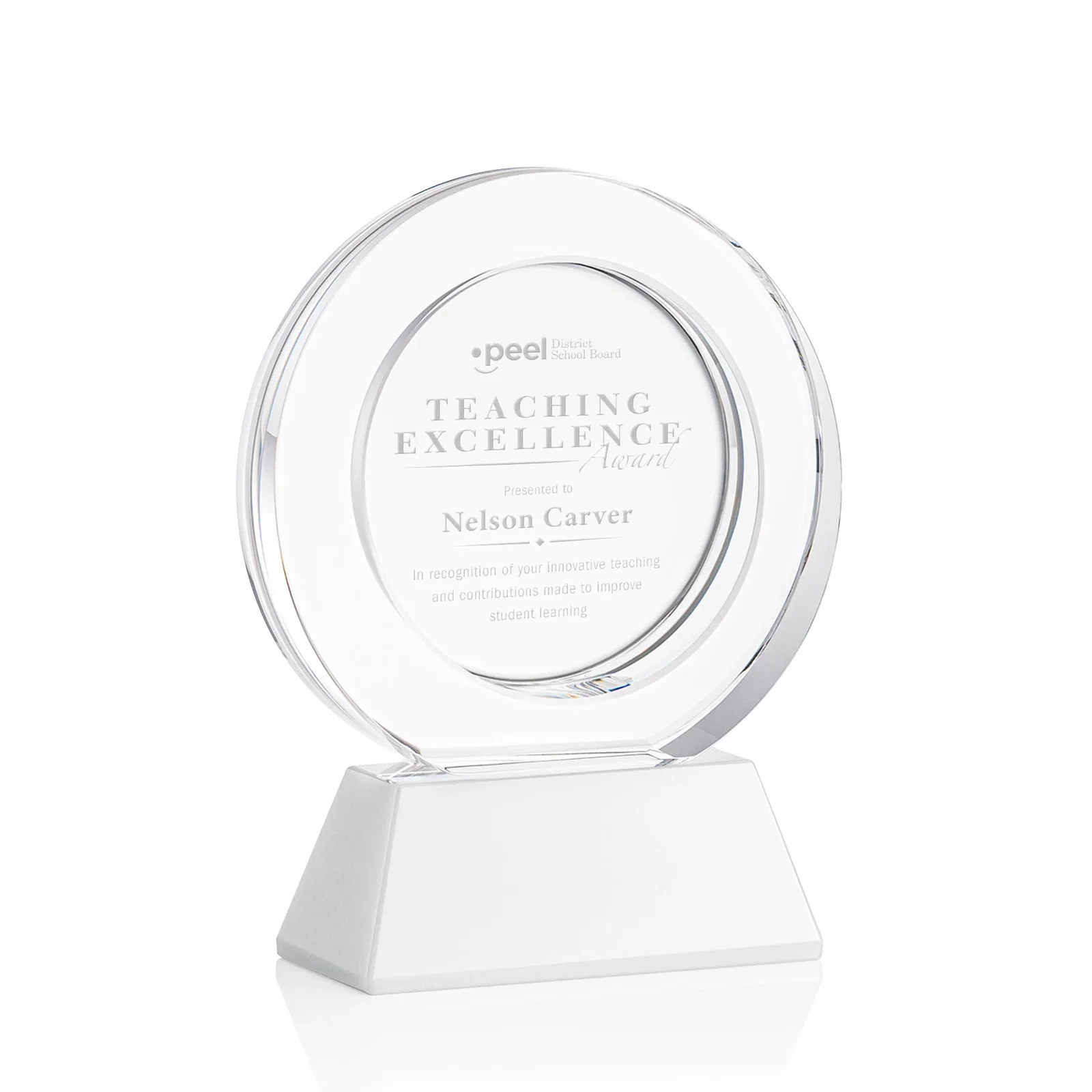 Promotional Optical Crystal Circle Award with a Recessed Halo Center for donor appreciation