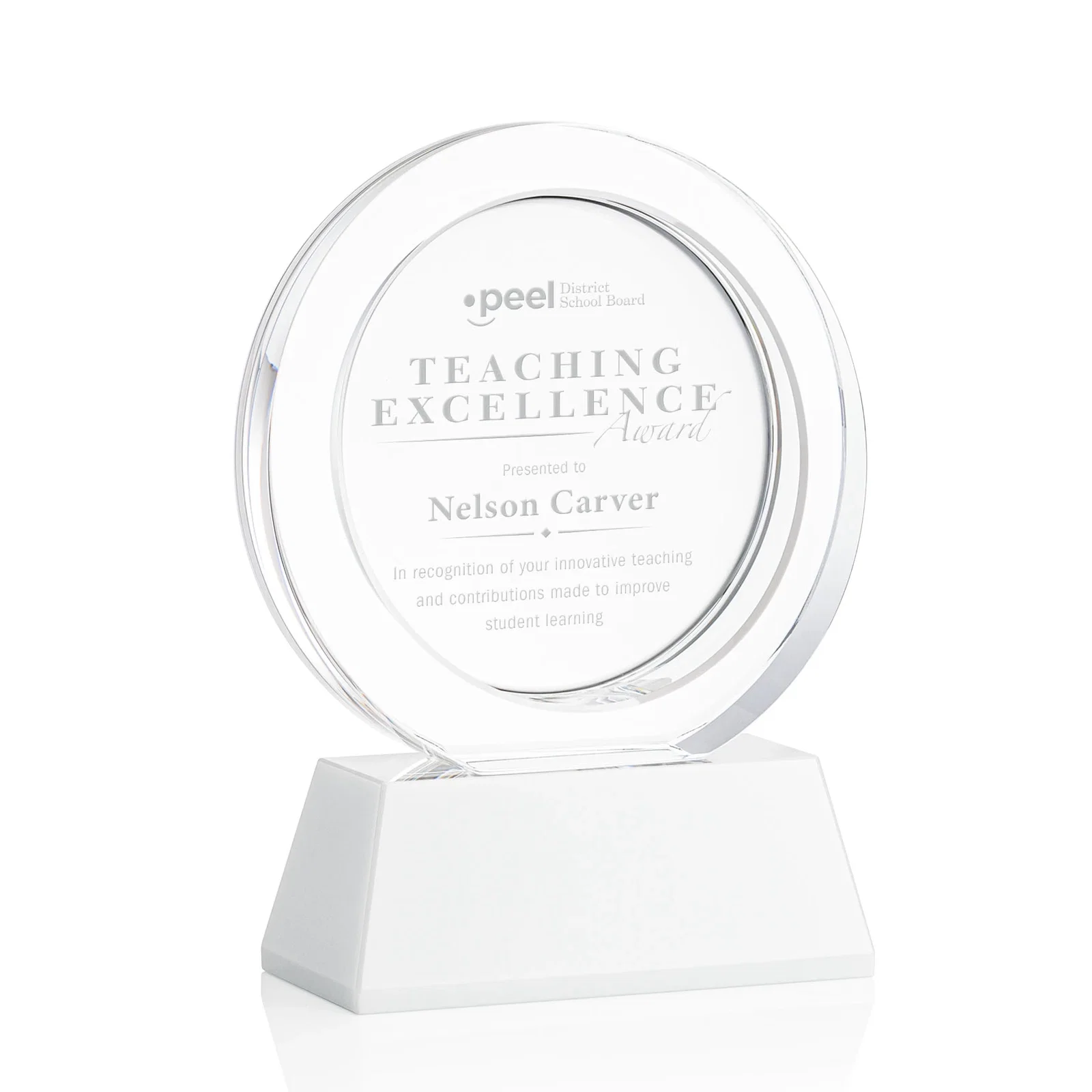 Promotional Optical Crystal Circle Award with a Recessed Halo Center for graduation ceremonies