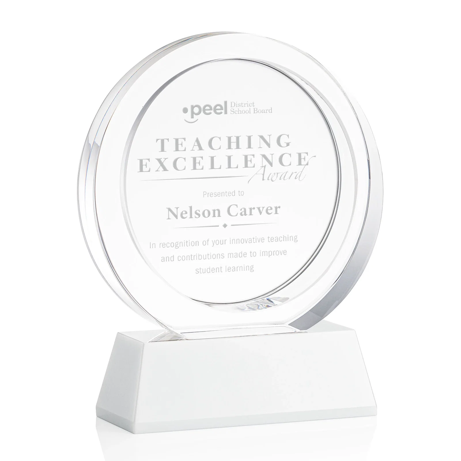 Promotional Optical Crystal Circle Award with a Recessed Halo Center for safety achievement programs
