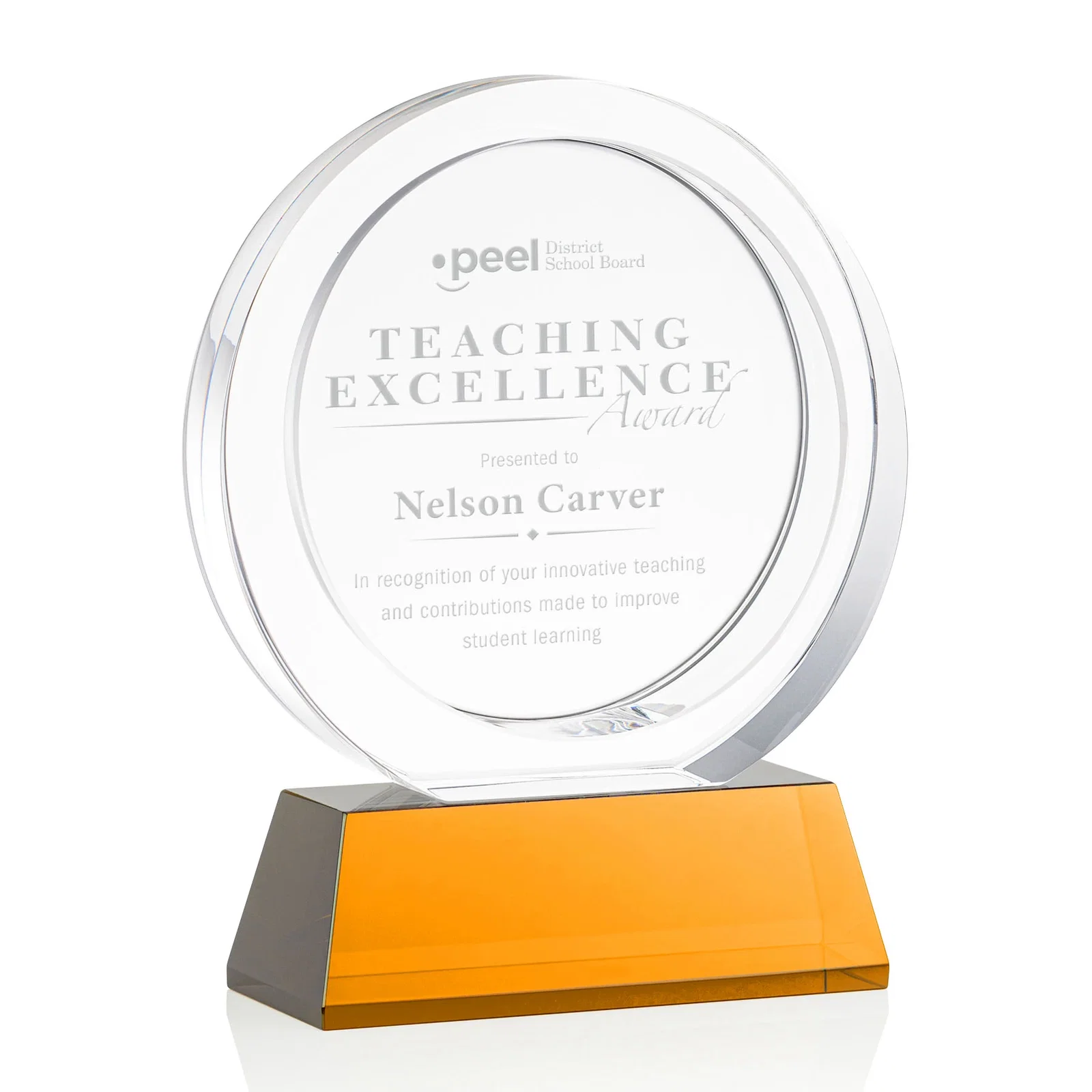 Custom Optical Crystal Circle Award with a Recessed Halo Center for sales achievement awards