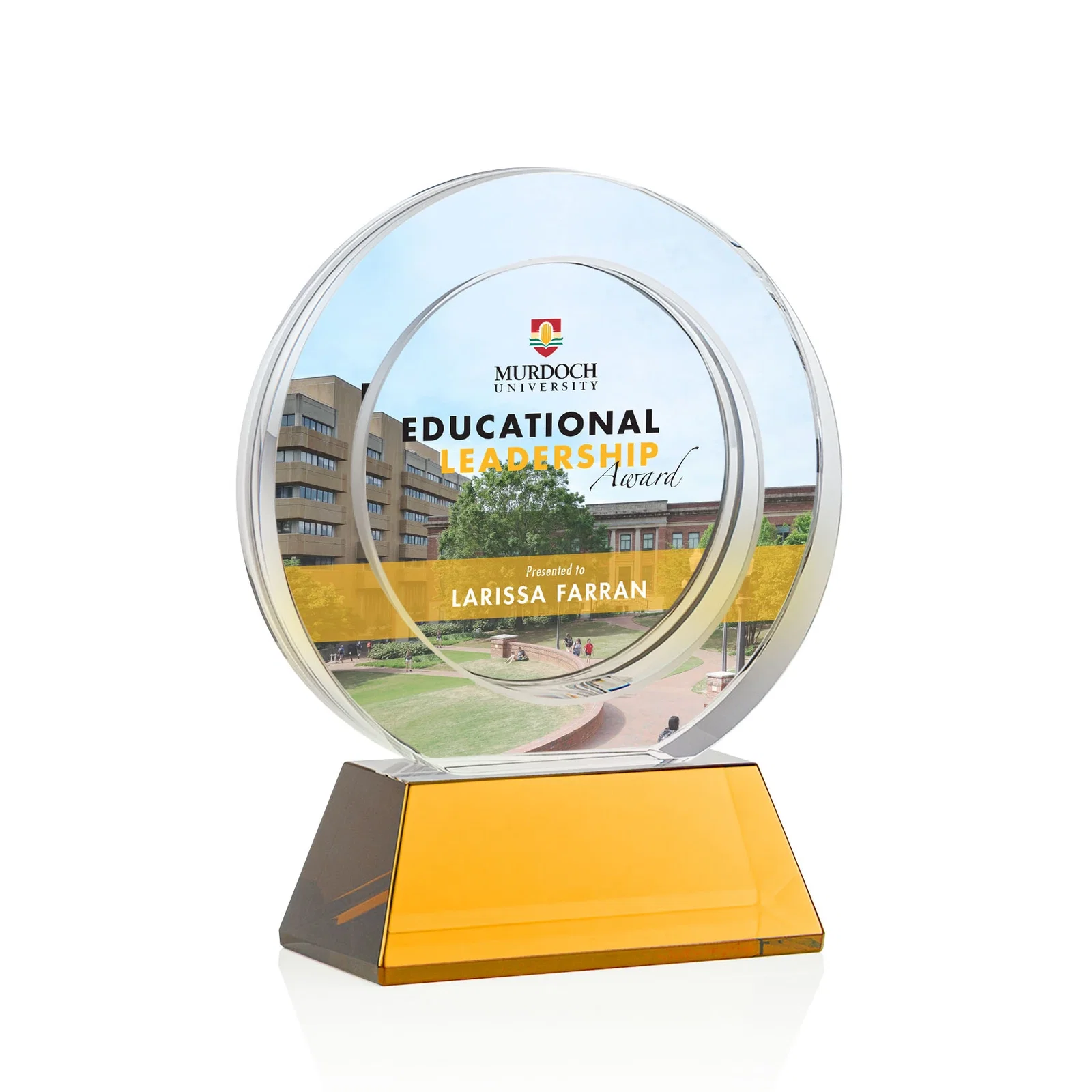 Promotional Optical Crystal Circle Award with a Recessed Halo Center for dealer and partner awards