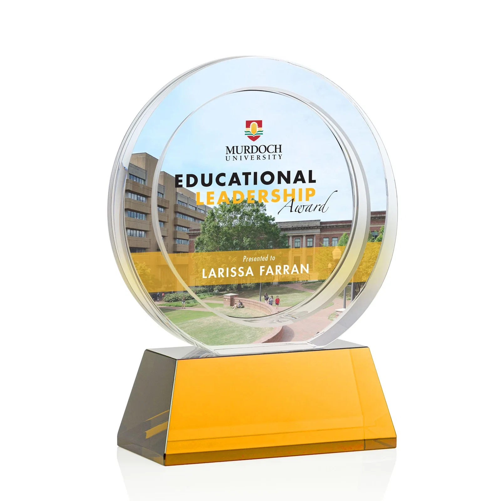 Promotional Optical Crystal Circle Award with a Recessed Halo Center for company anniversary events