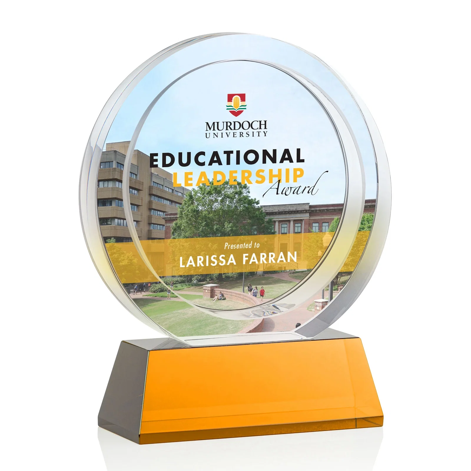Branded Optical Crystal Circle Award with a Recessed Halo Center for employee recognition