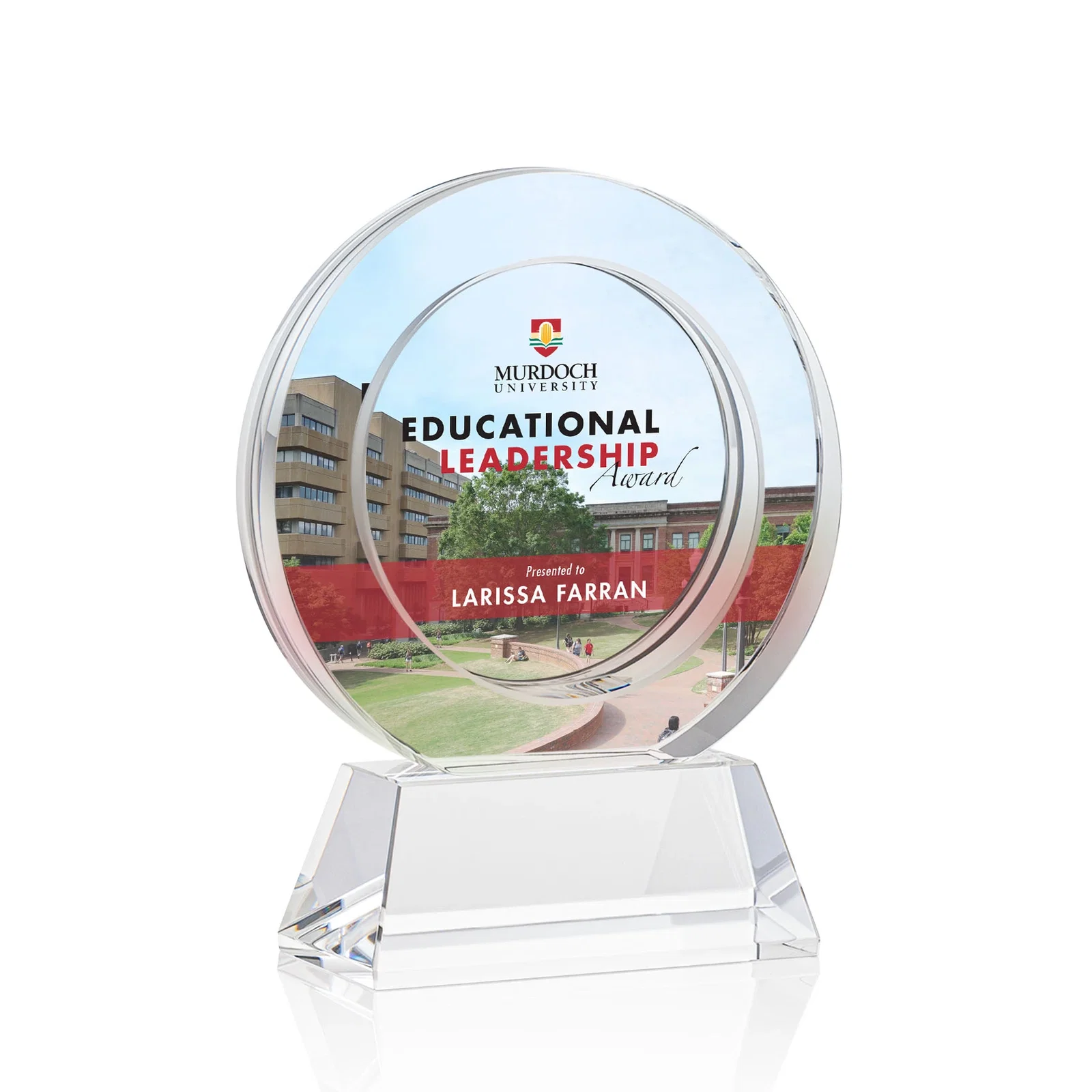 Branded Optical Crystal Circle Award with a Recessed Halo Center for service anniversary gifts