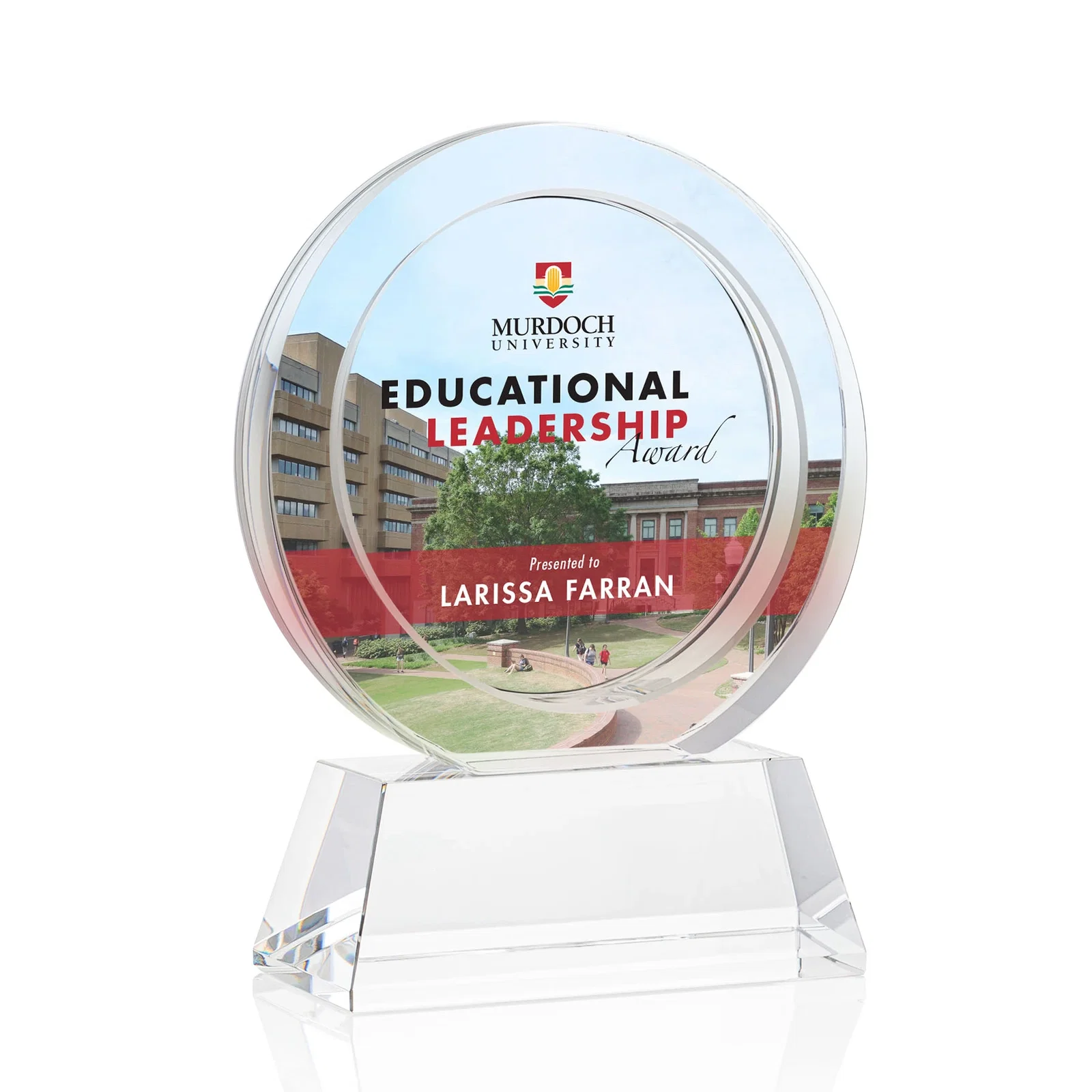 Branded Optical Crystal Circle Award with a Recessed Halo Center for sales achievement awards