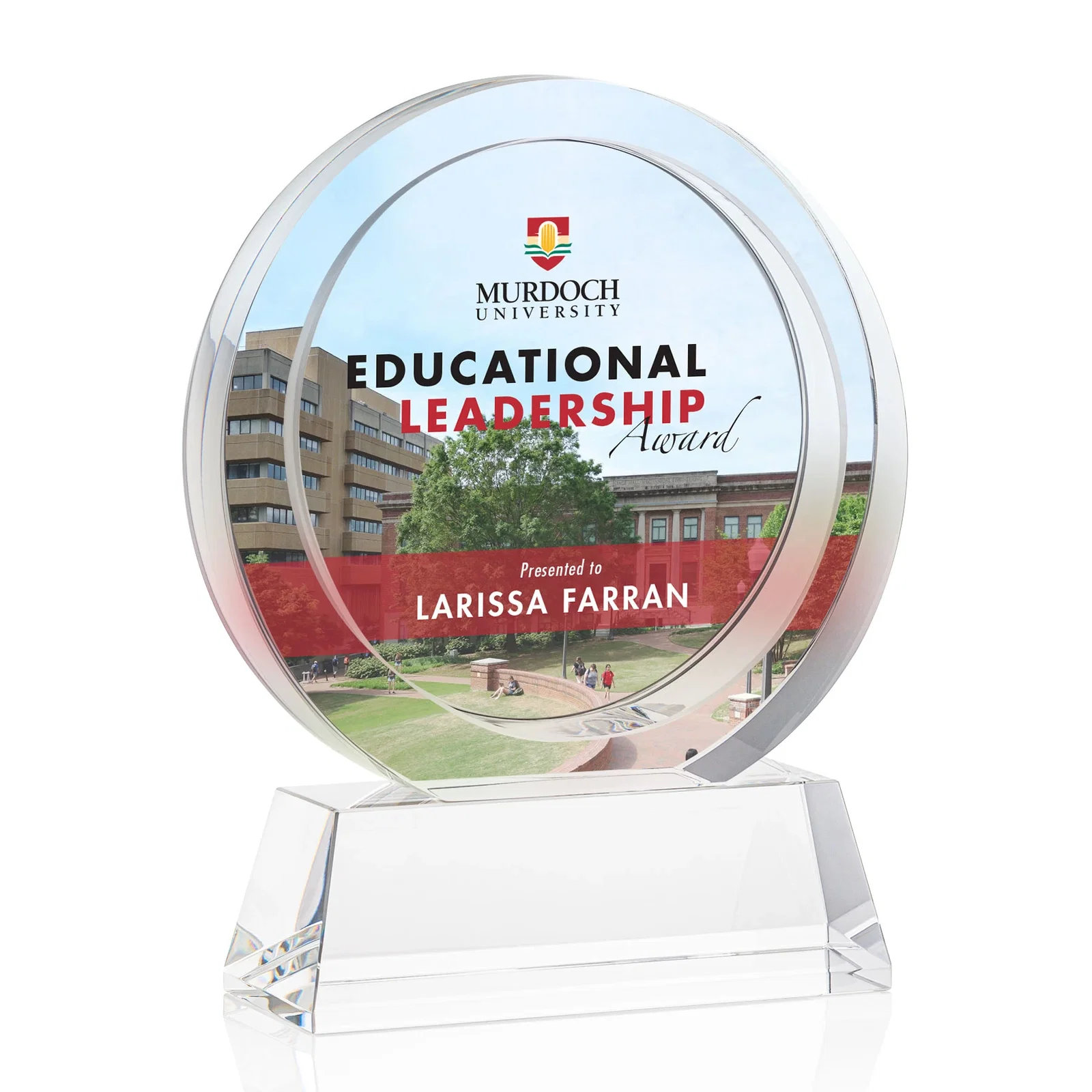 Branded Optical Crystal Circle Award with a Recessed Halo Center for retirement presentations
