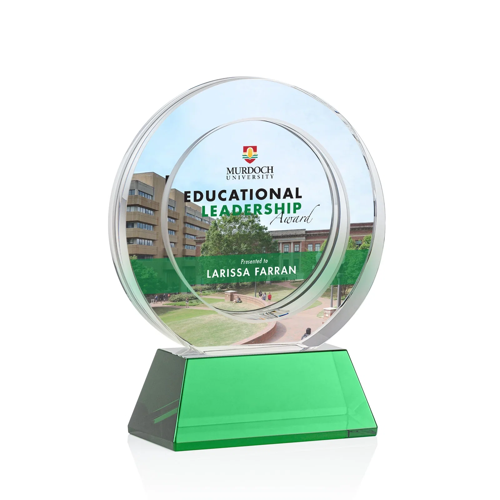 Branded Optical Crystal Circle Award with a Recessed Halo Center for donor appreciation