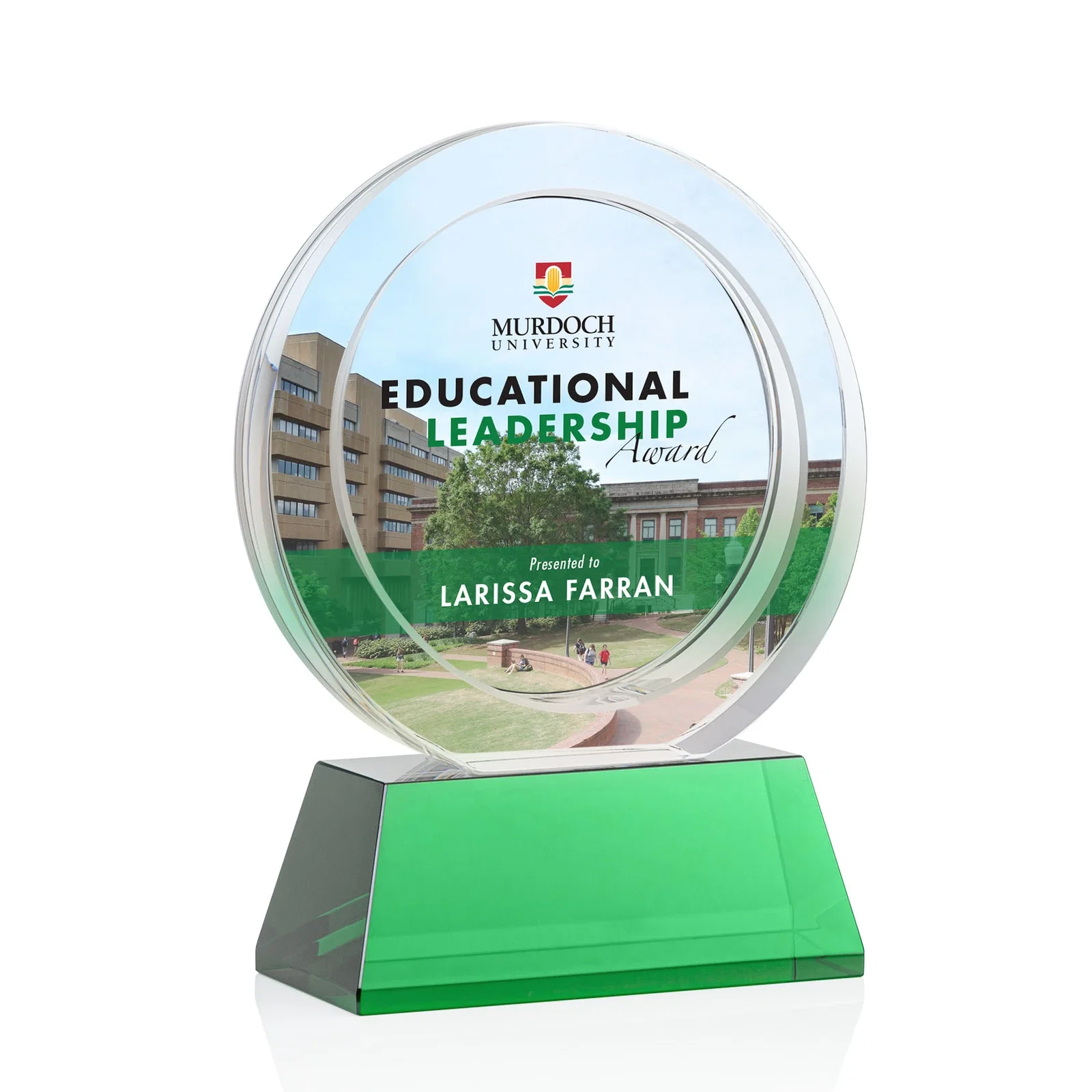 Branded Optical Crystal Circle Award with a Recessed Halo Center for graduation ceremonies