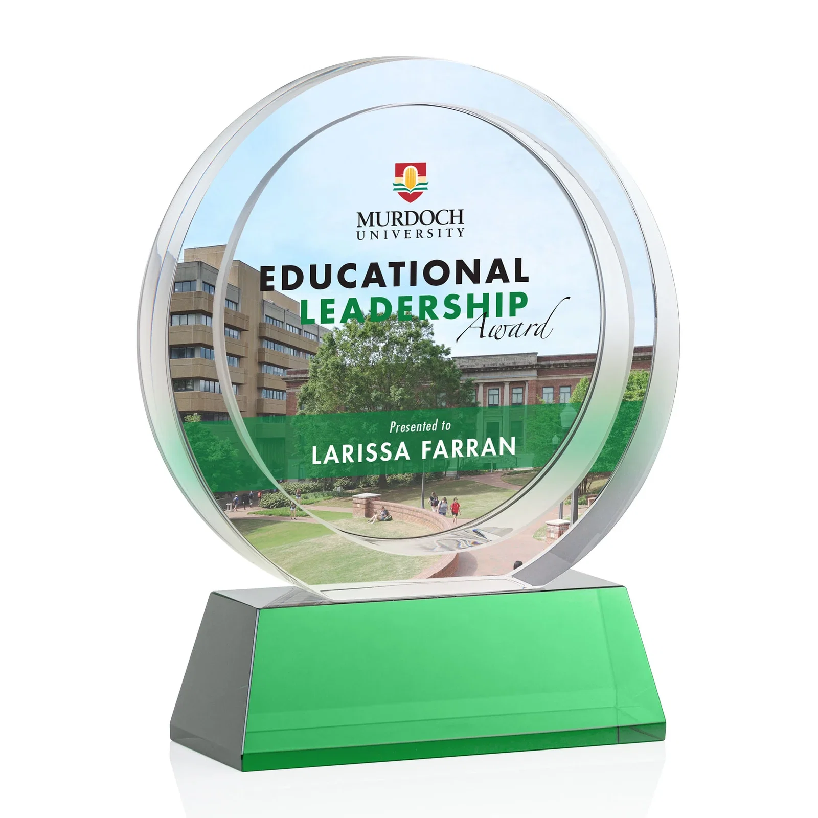 Branded Optical Crystal Circle Award with a Recessed Halo Center for safety achievement programs