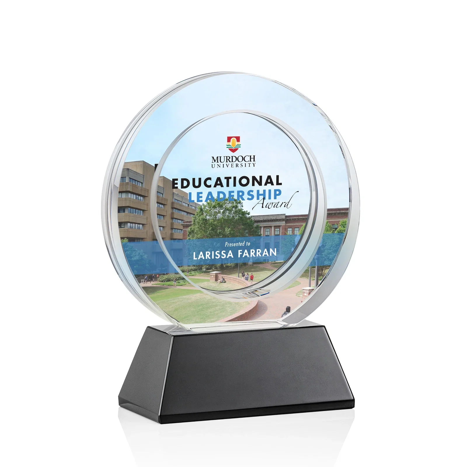 Branded Optical Crystal Circle Award with a Recessed Halo Center for dealer and partner awards