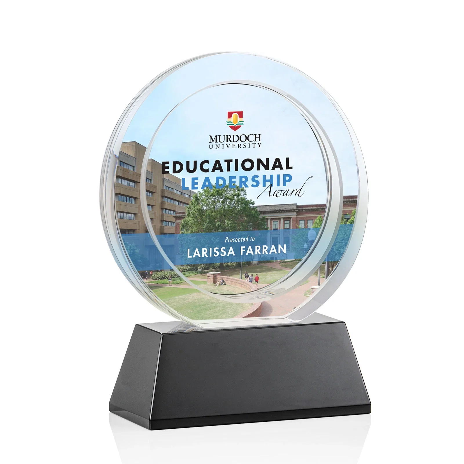 Branded Optical Crystal Circle Award with a Recessed Halo Center for company anniversary events