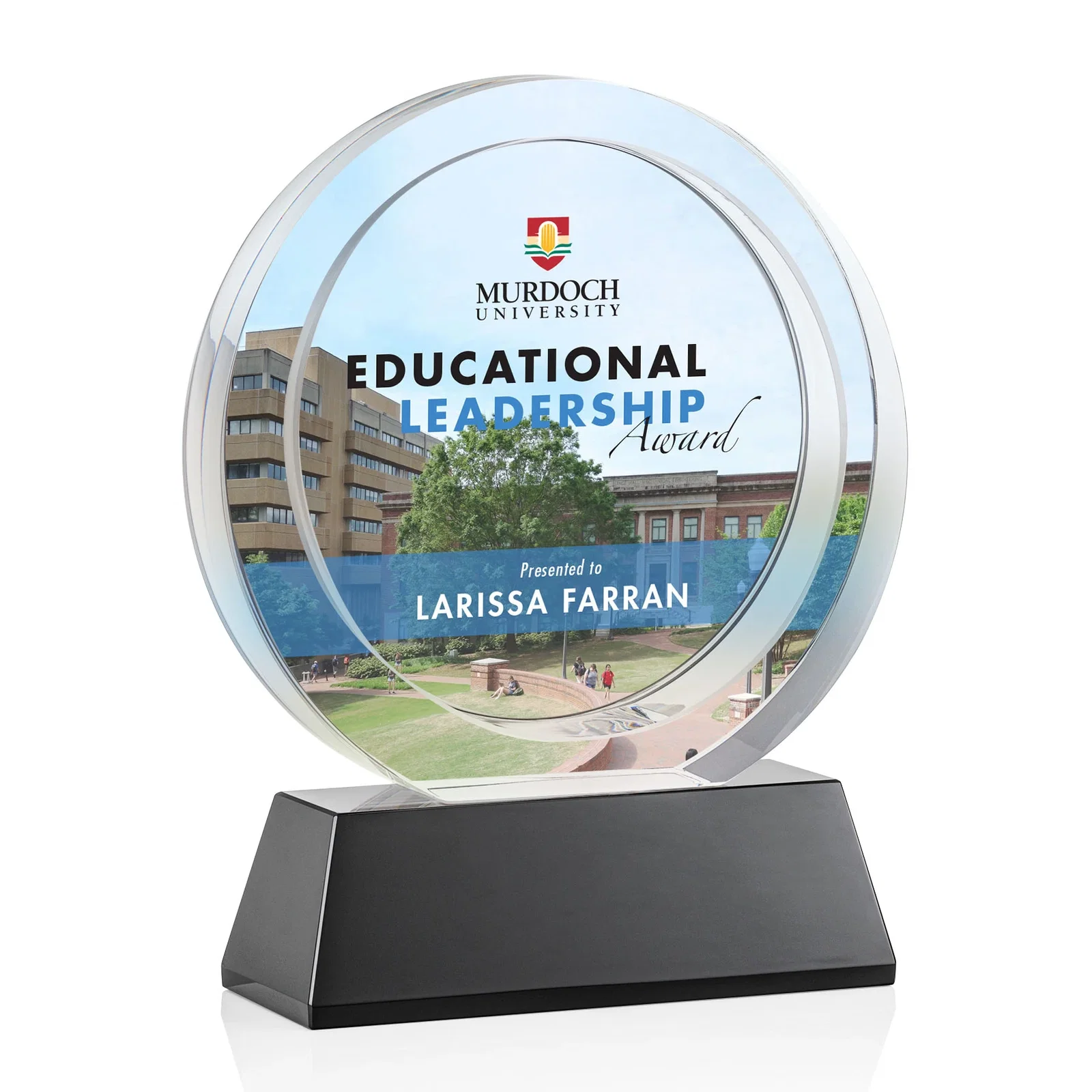 Custom printed Optical Crystal Circle Award with a Recessed Halo Center for employee recognition