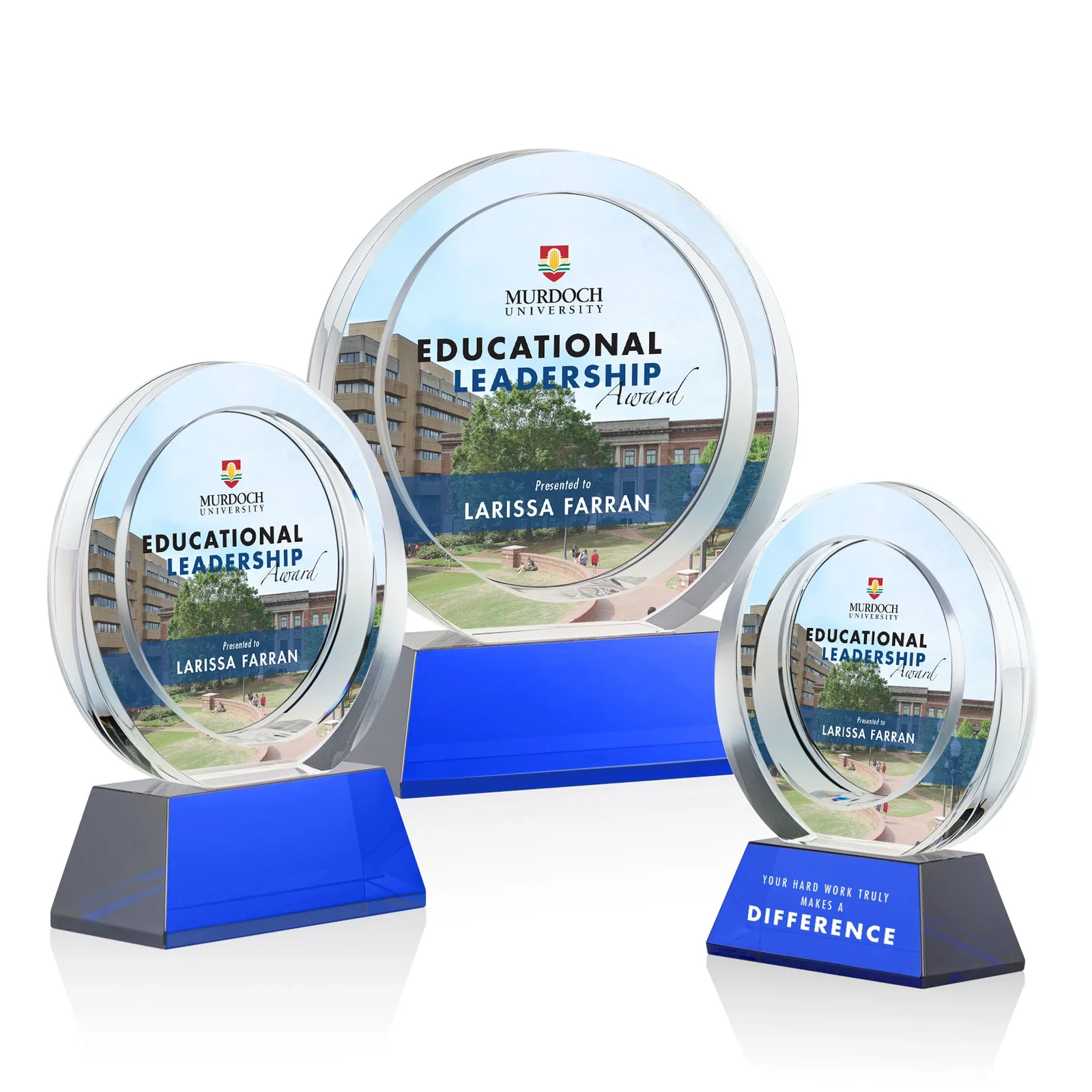 Custom printed Optical Crystal Circle Award with a Recessed Halo Center for corporate award ceremonies