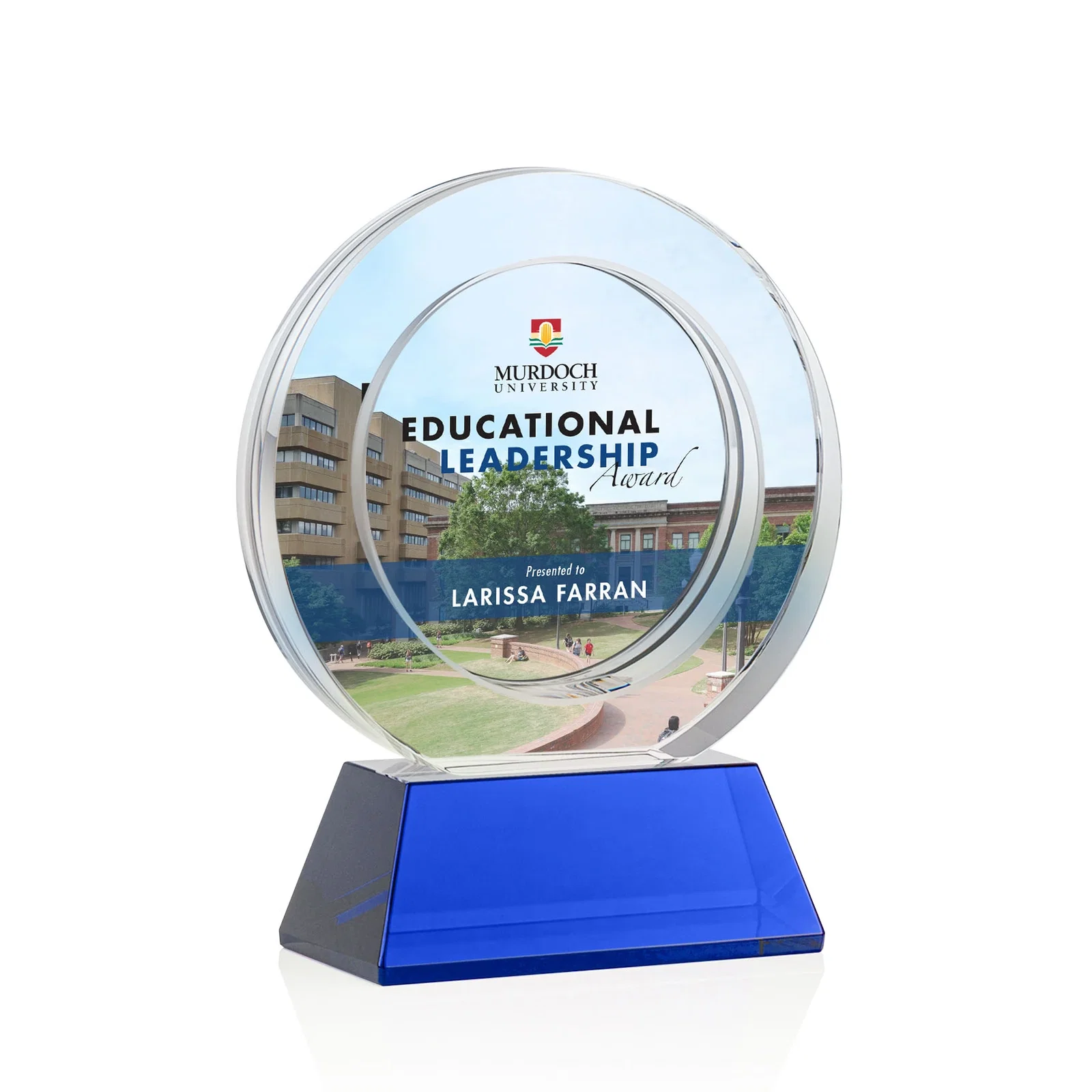 Custom printed Optical Crystal Circle Award with a Recessed Halo Center for service anniversary gifts