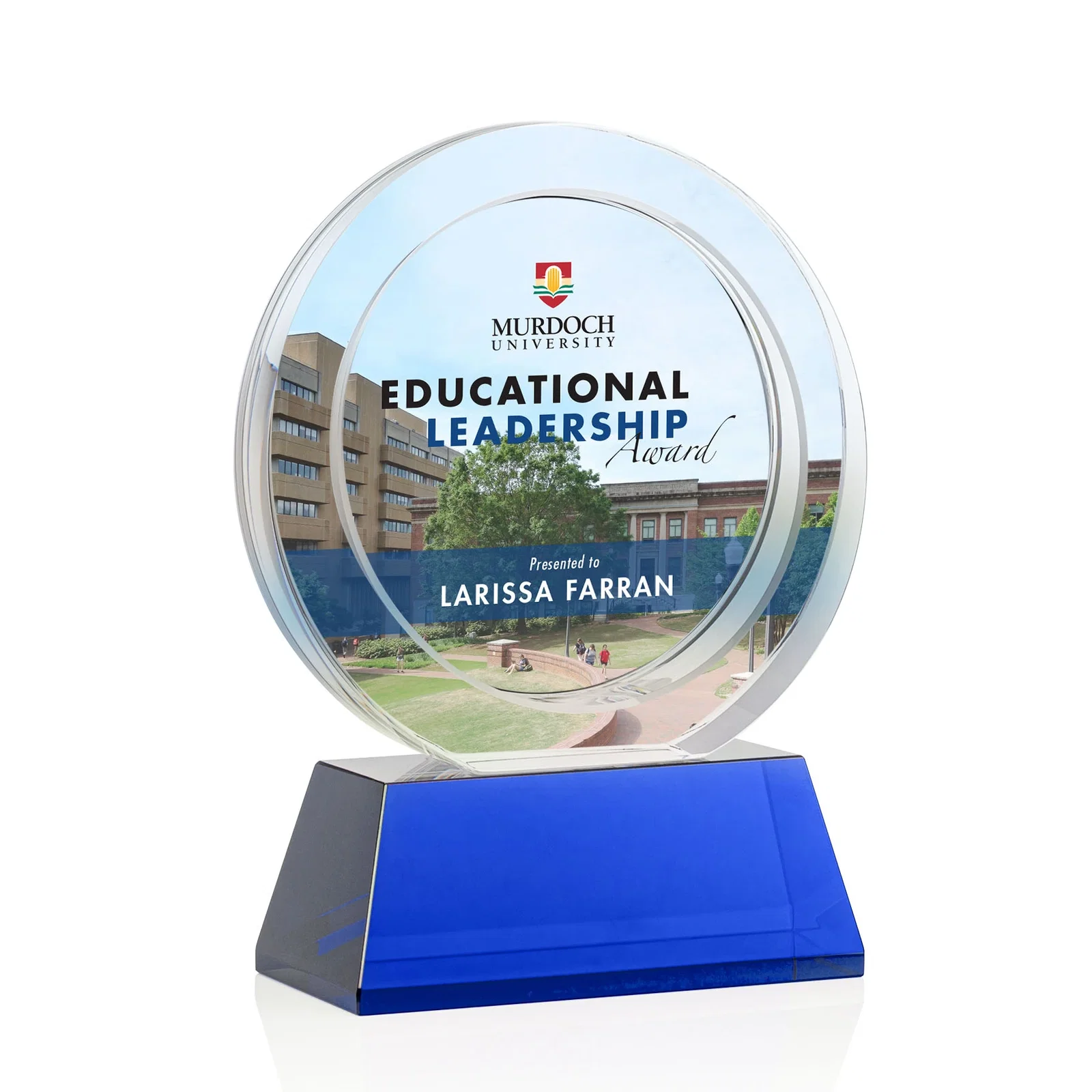 Custom printed Optical Crystal Circle Award with a Recessed Halo Center for sales achievement awards